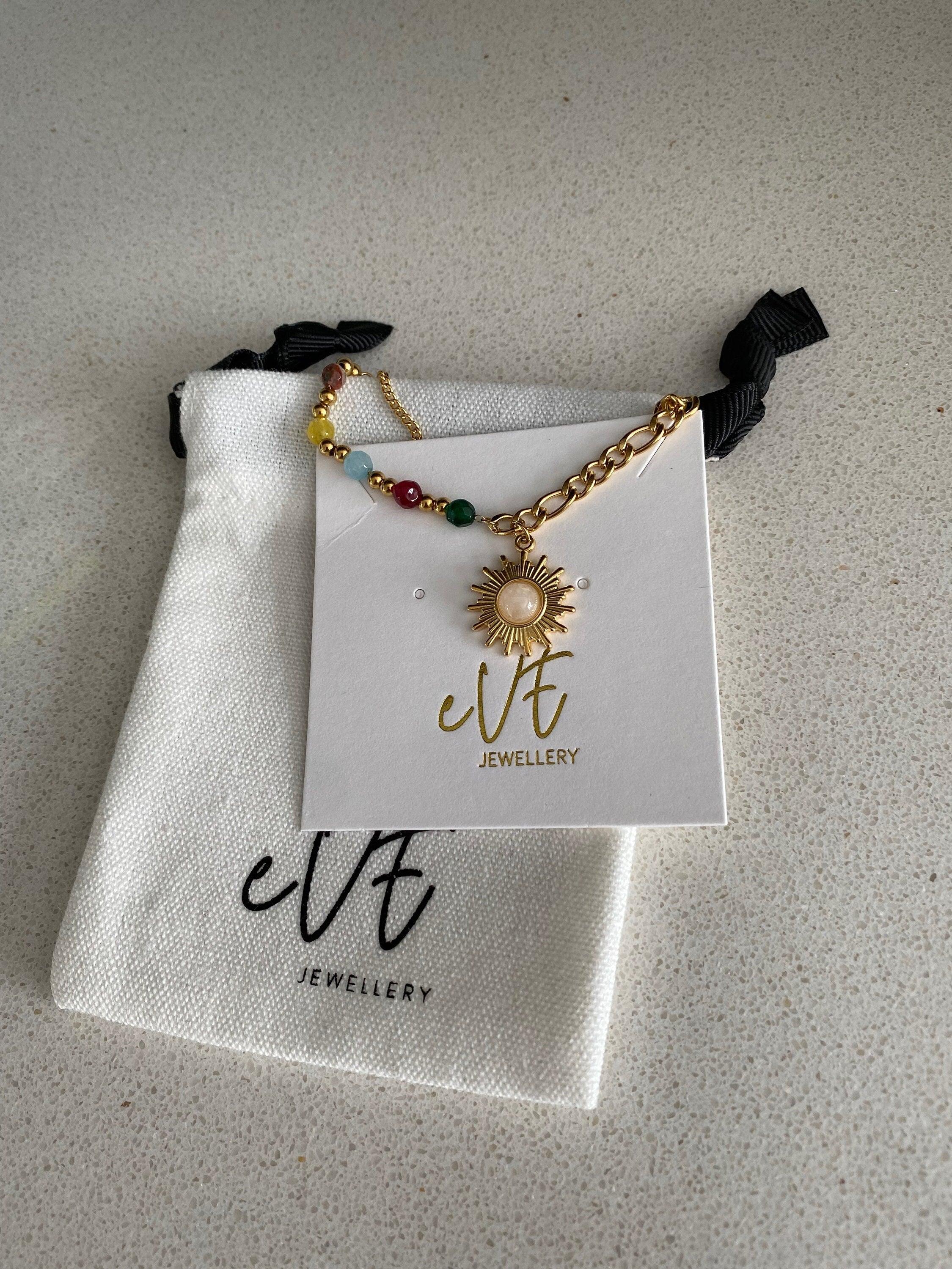 Figaro Chain Opal Stone Beads Sun Necklace, Colourful Mini Nugget Gemstone Sun Necklace for Women, 18K Gold Opal Sun Necklace