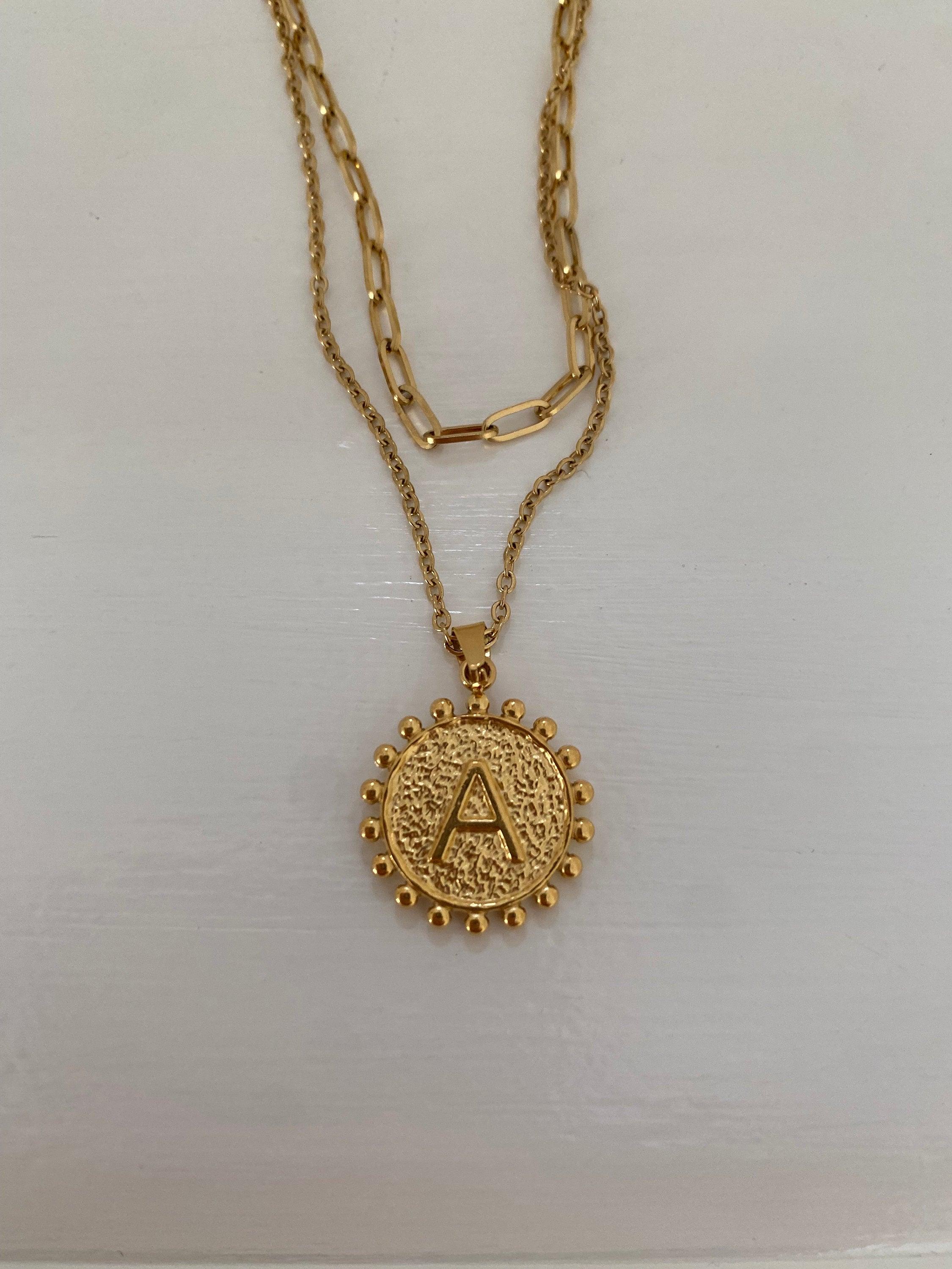 Two Layered Symbol A Coin Necklace for Her , Gold Initial A Coin Pendant Necklace, Letter A initial Coin Shape Necklace, 18K gold,