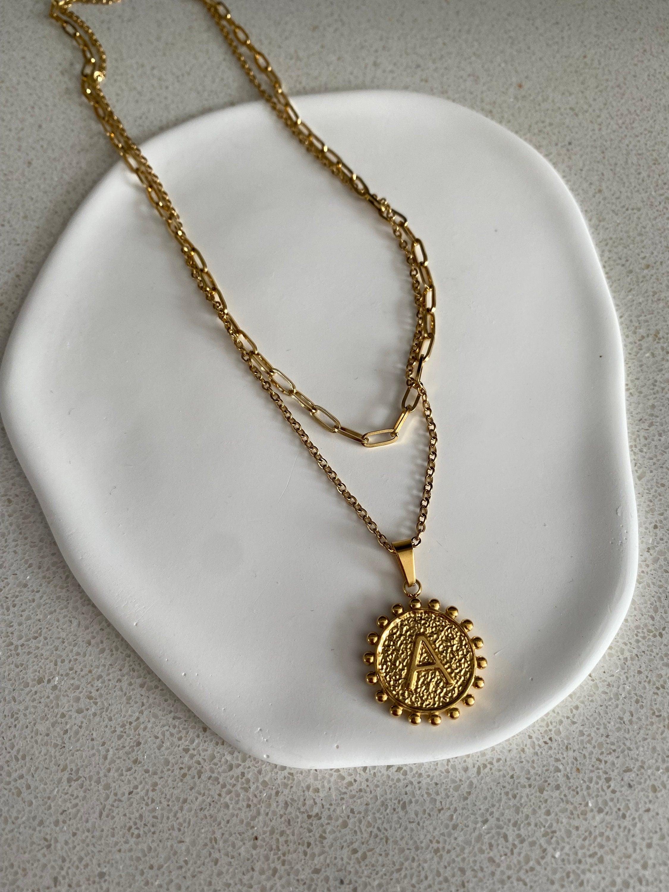 Two Layered Symbol A Coin Necklace for Her , Gold Initial A Coin Pendant Necklace, Letter A initial Coin Shape Necklace, 18K gold,