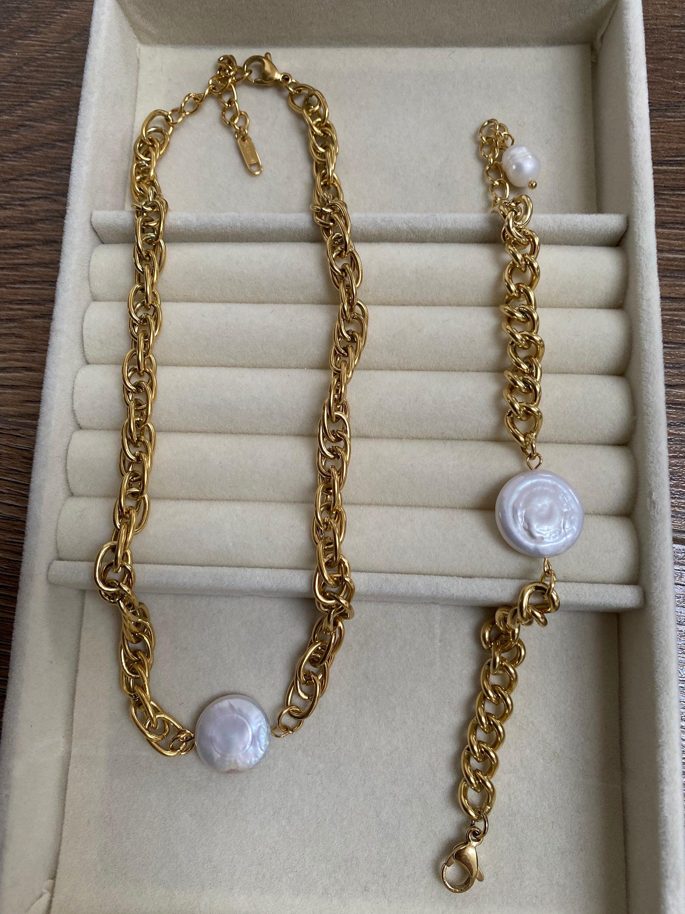 18k Gold Natural Pearl Coin Pendant Necklace, Vintage Style Choker, Gift for Her