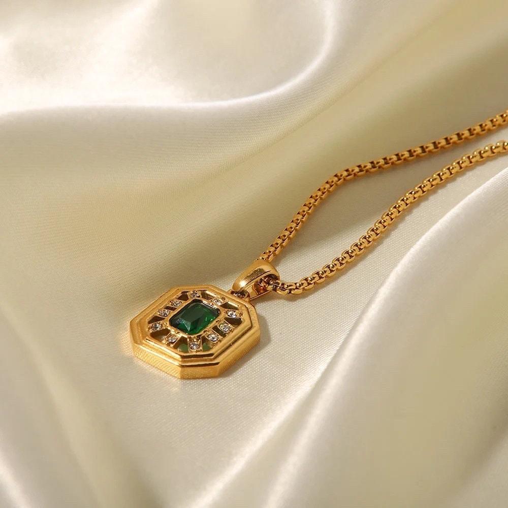 Sparkling Natural Green Zircon Box Chain Necklace, Elegant Gemstone Pendant Necklace for Her, Delicate Gold Necklace. Vintage Style