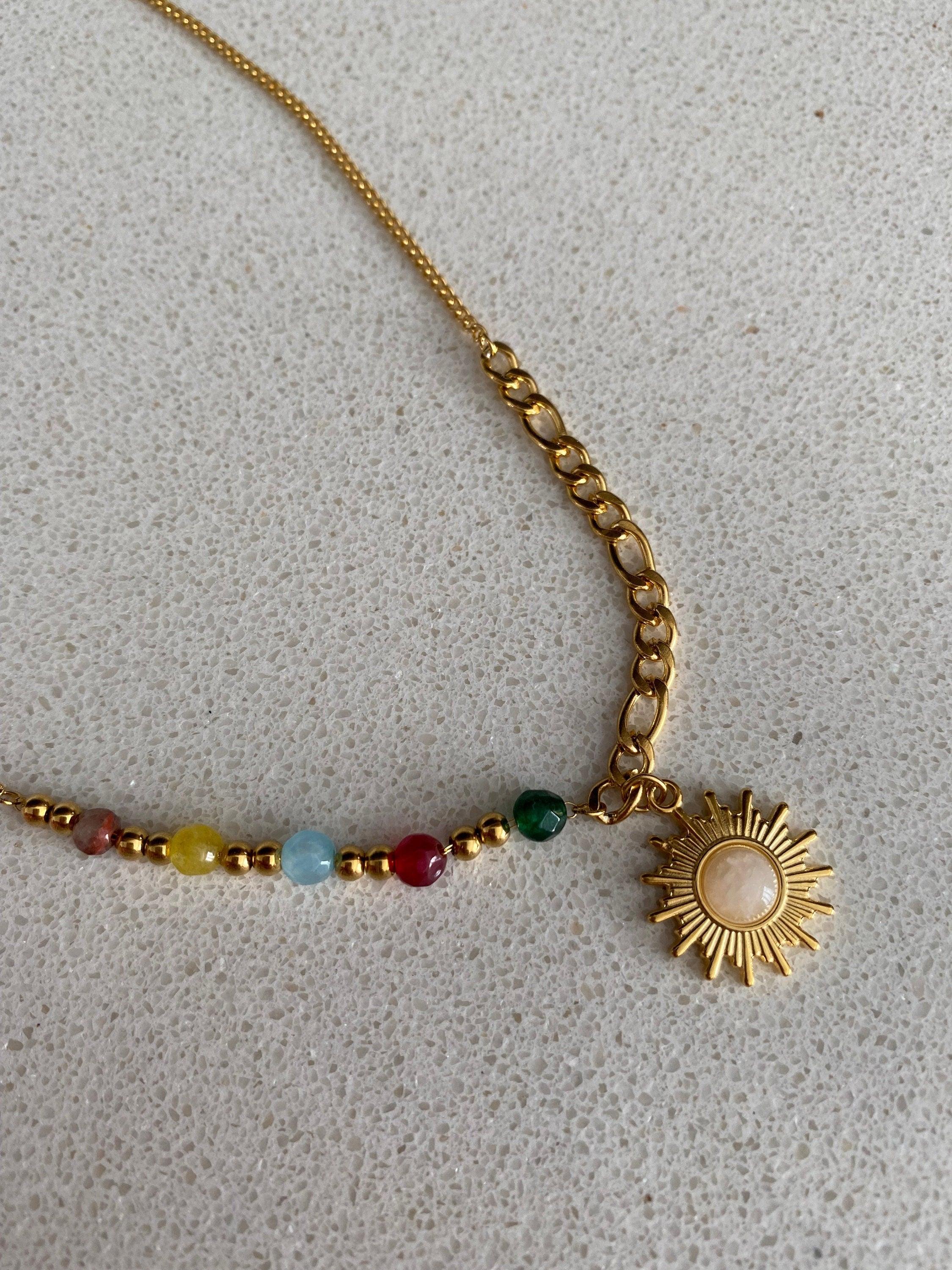 Figaro Chain Opal Stone Beads Sun Necklace, Colourful Mini Nugget Gemstone Sun Necklace for Women, 18K Gold Opal Sun Necklace
