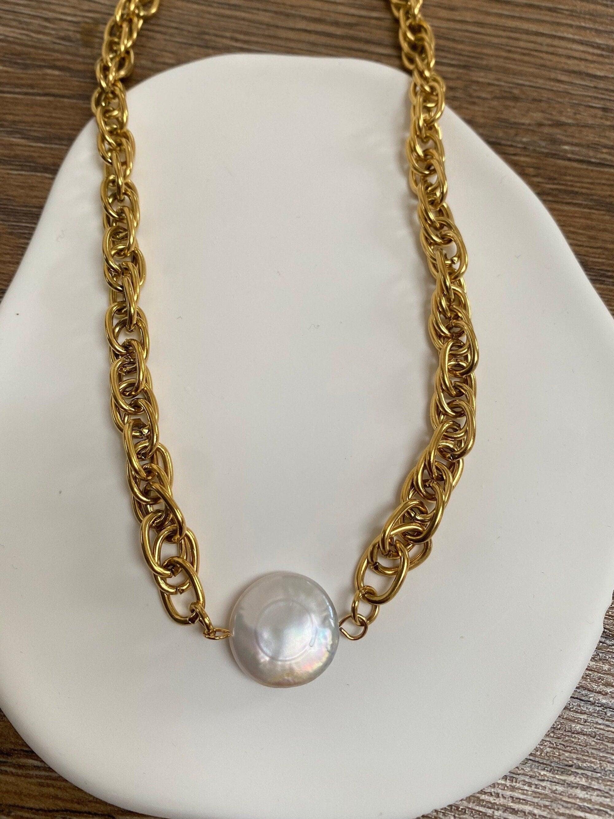 18k Gold Natural Pearl Coin Pendant Necklace, Vintage Style Choker, Gift for Her