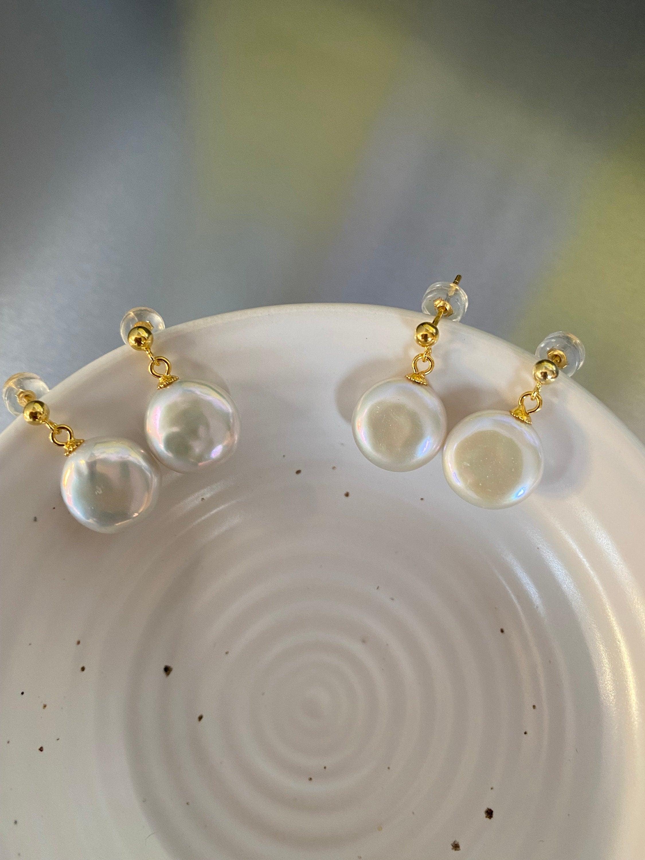 10-12mm Natural Cultured Baroque Charm Earring , Coin Pendant Pearl Stud Earring for Her, 14K Gold Solid 925 sterling silver