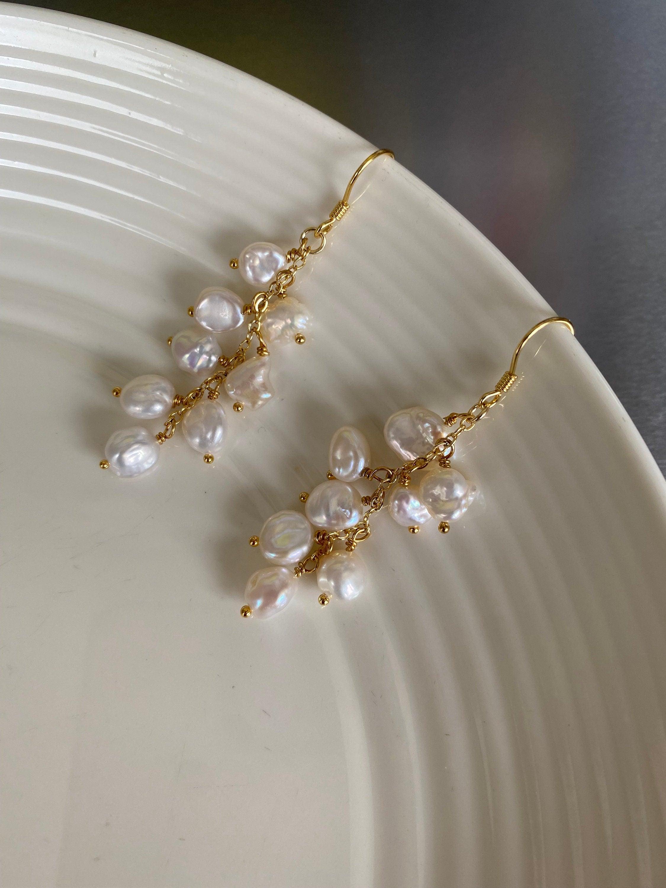High Luster Keshi Pearl Tassel Earrings, Genuine Cornflakes Pearl Drop Earrings, Delicate for Her, Keshi Pearl Hoop Earrings 18K Gold Solid.