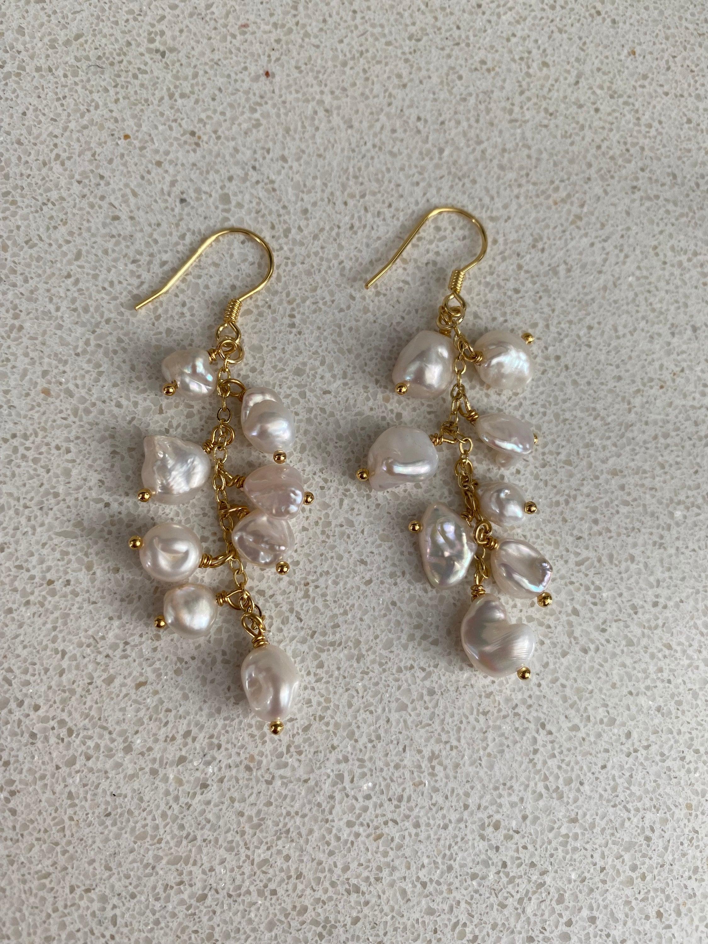 High Luster Keshi Pearl Tassel Earrings, Genuine Cornflakes Pearl Drop Earrings, Delicate for Her, Keshi Pearl Hoop Earrings 18K Gold Solid.