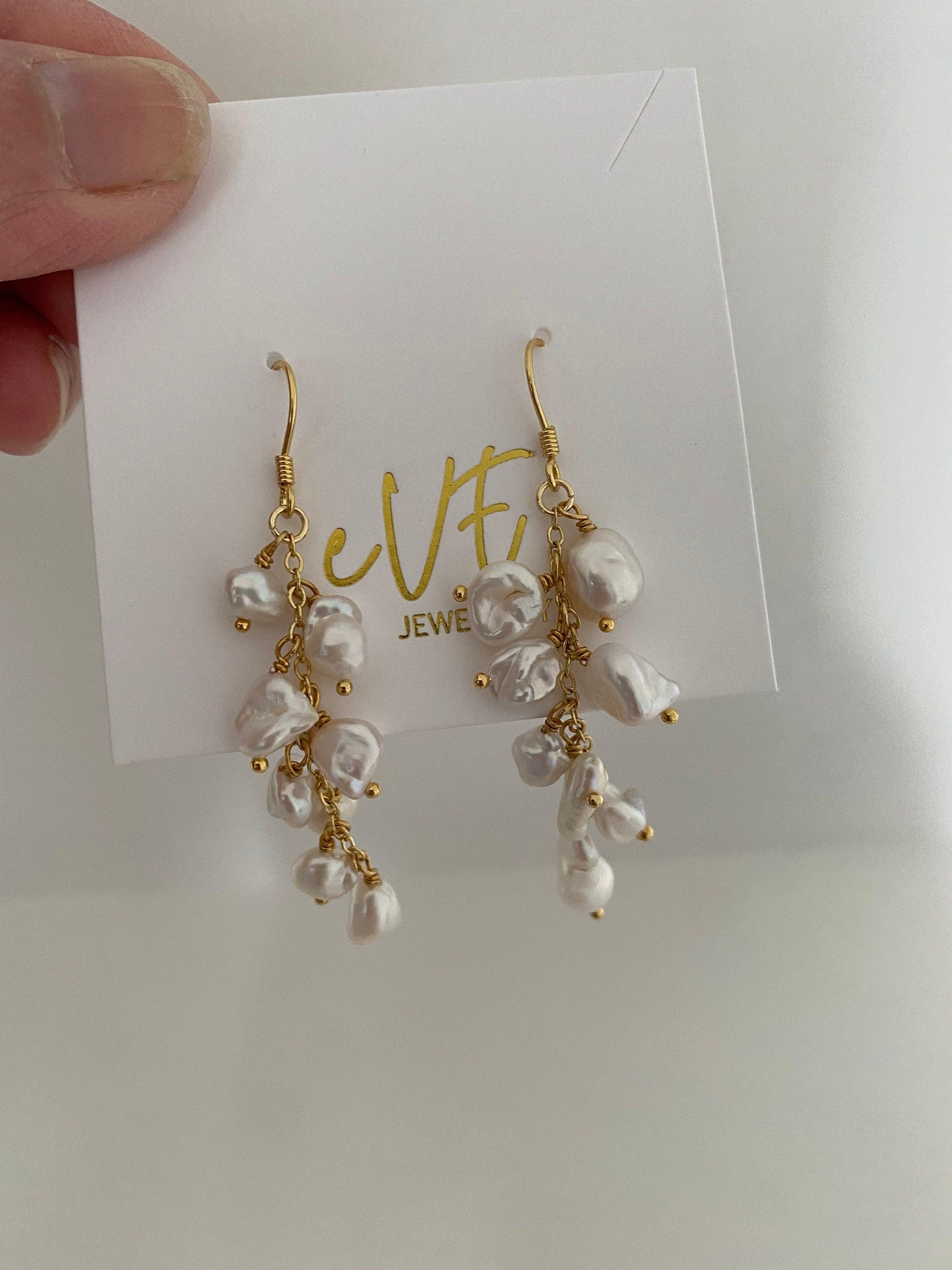 High Luster Keshi Pearl Tassel Earrings, Genuine Cornflakes Pearl Drop Earrings, Delicate for Her, Keshi Pearl Hoop Earrings 18K Gold Solid.