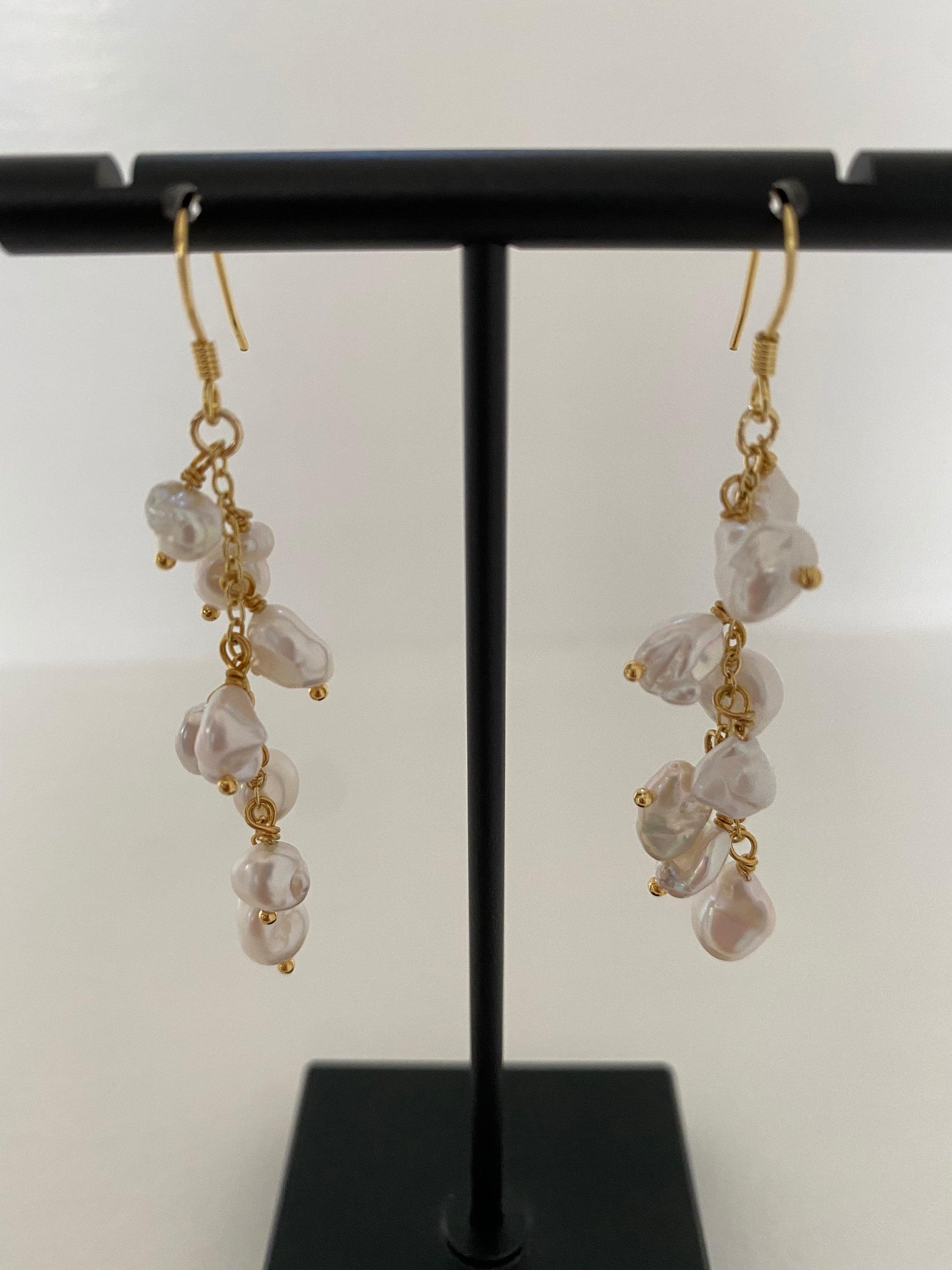 High Luster Keshi Pearl Tassel Earrings, Genuine Cornflakes Pearl Drop Earrings, Delicate for Her, Keshi Pearl Hoop Earrings 18K Gold Solid.