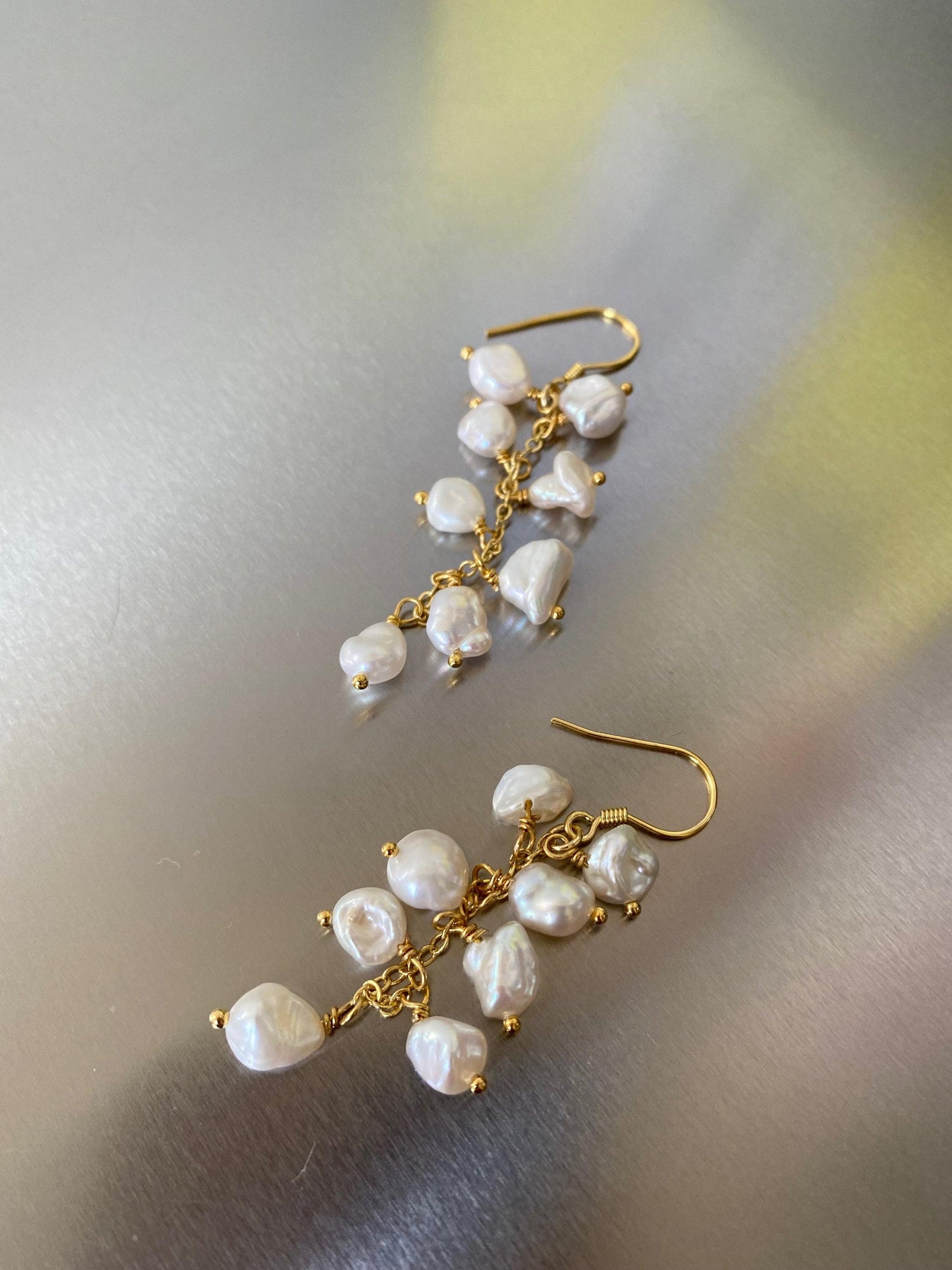 High Luster Keshi Pearl Tassel Earrings, Genuine Cornflakes Pearl Drop Earrings, Delicate for Her, Keshi Pearl Hoop Earrings 18K Gold Solid.