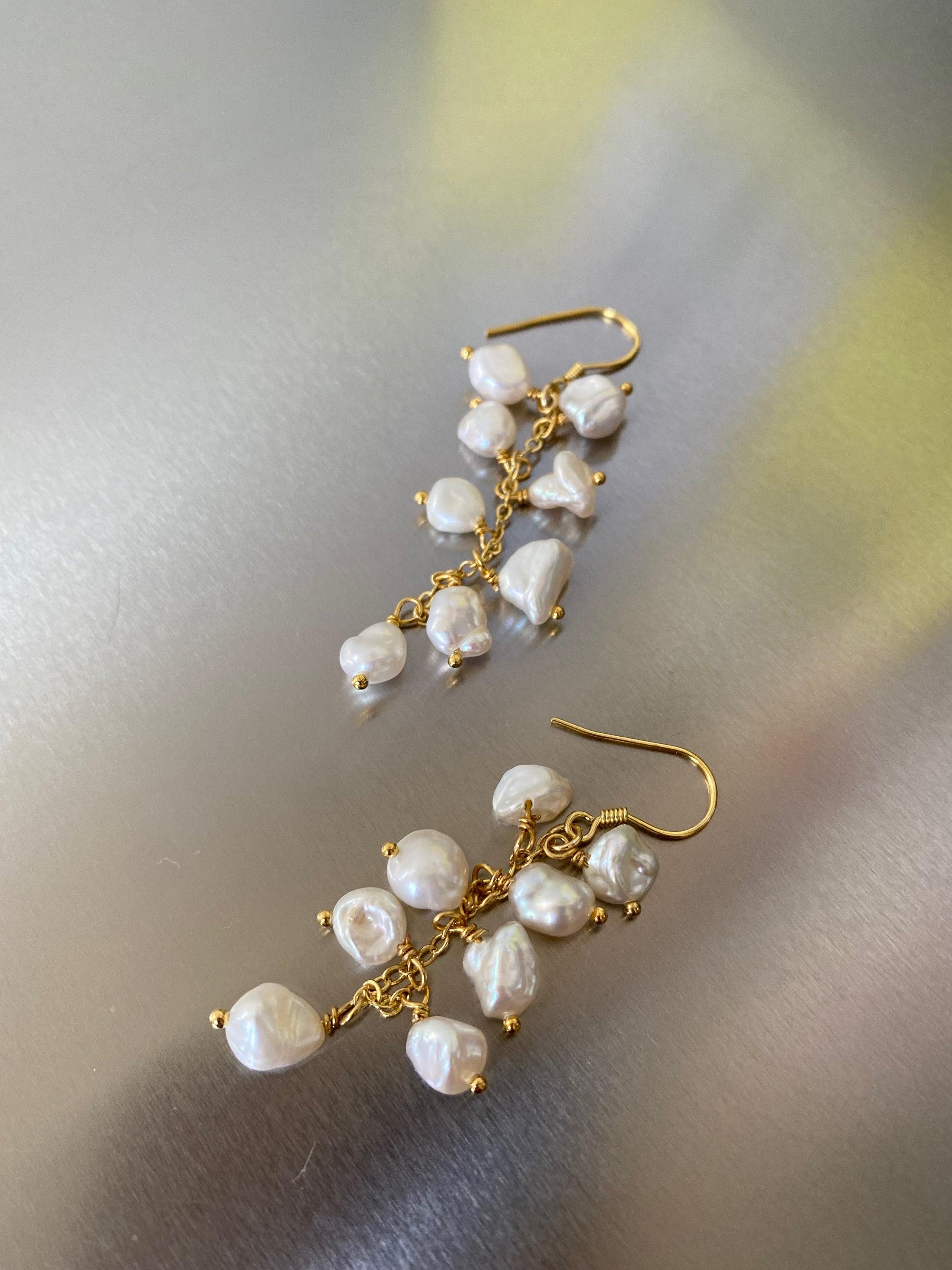 High Luster Keshi Pearl Tassel Earrings, Genuine Cornflakes Pearl Drop Earrings, Delicate for Her, Keshi Pearl Hoop Earrings 18K Gold Solid.