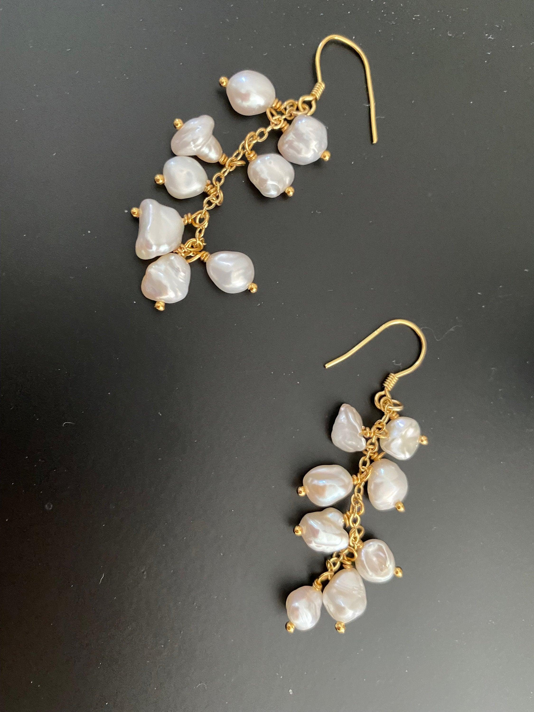High Luster Keshi Pearl Tassel Earrings, Genuine Cornflakes Pearl Drop Earrings, Delicate for Her, Keshi Pearl Hoop Earrings 18K Gold Solid.