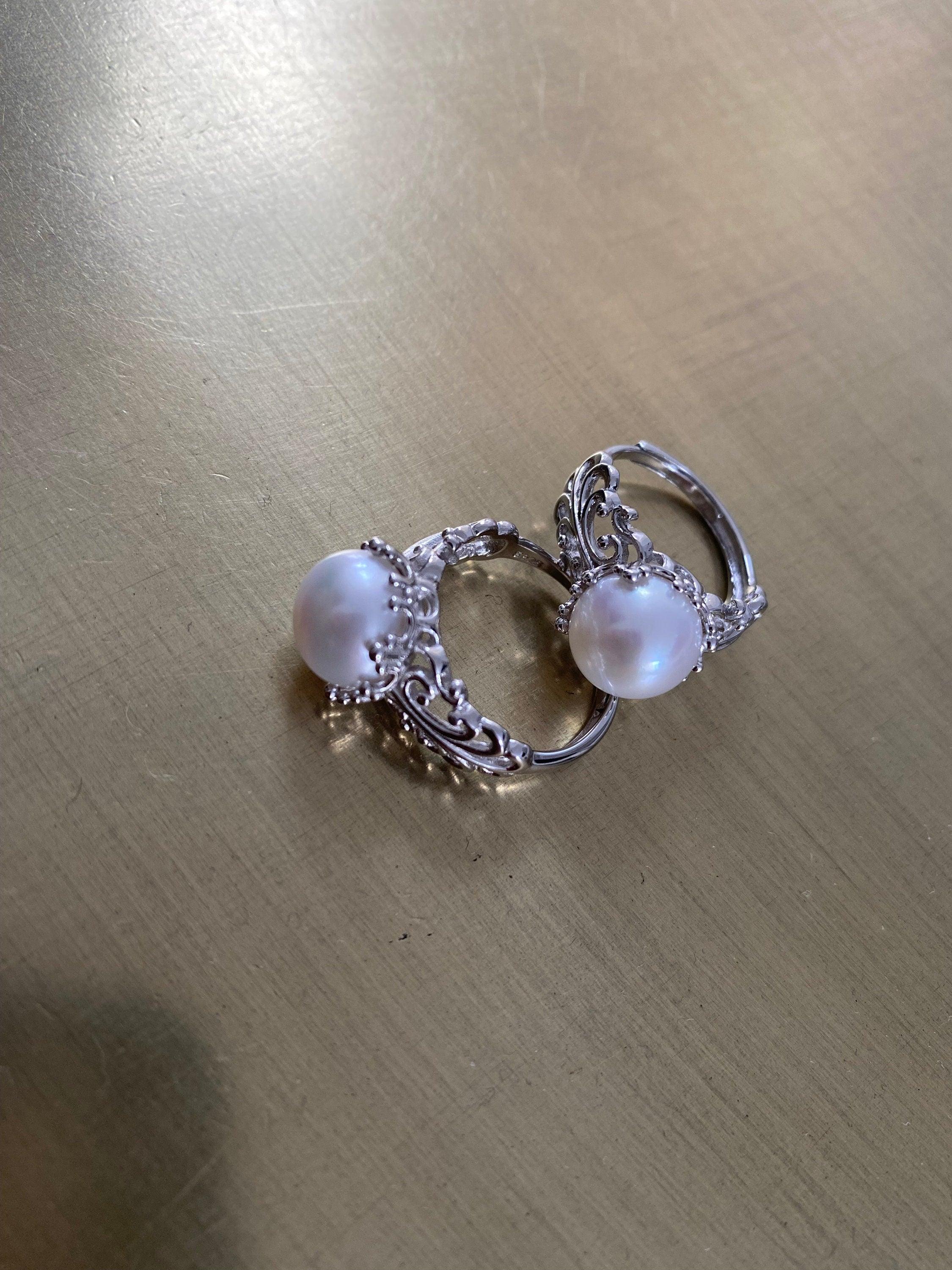 Retro Style Freshwater Pearl Statement Ring, Unique Staking Styles Cocktail Ring, Delicate Large Pearl Ring, S925 Sterling Silver Rare Piece