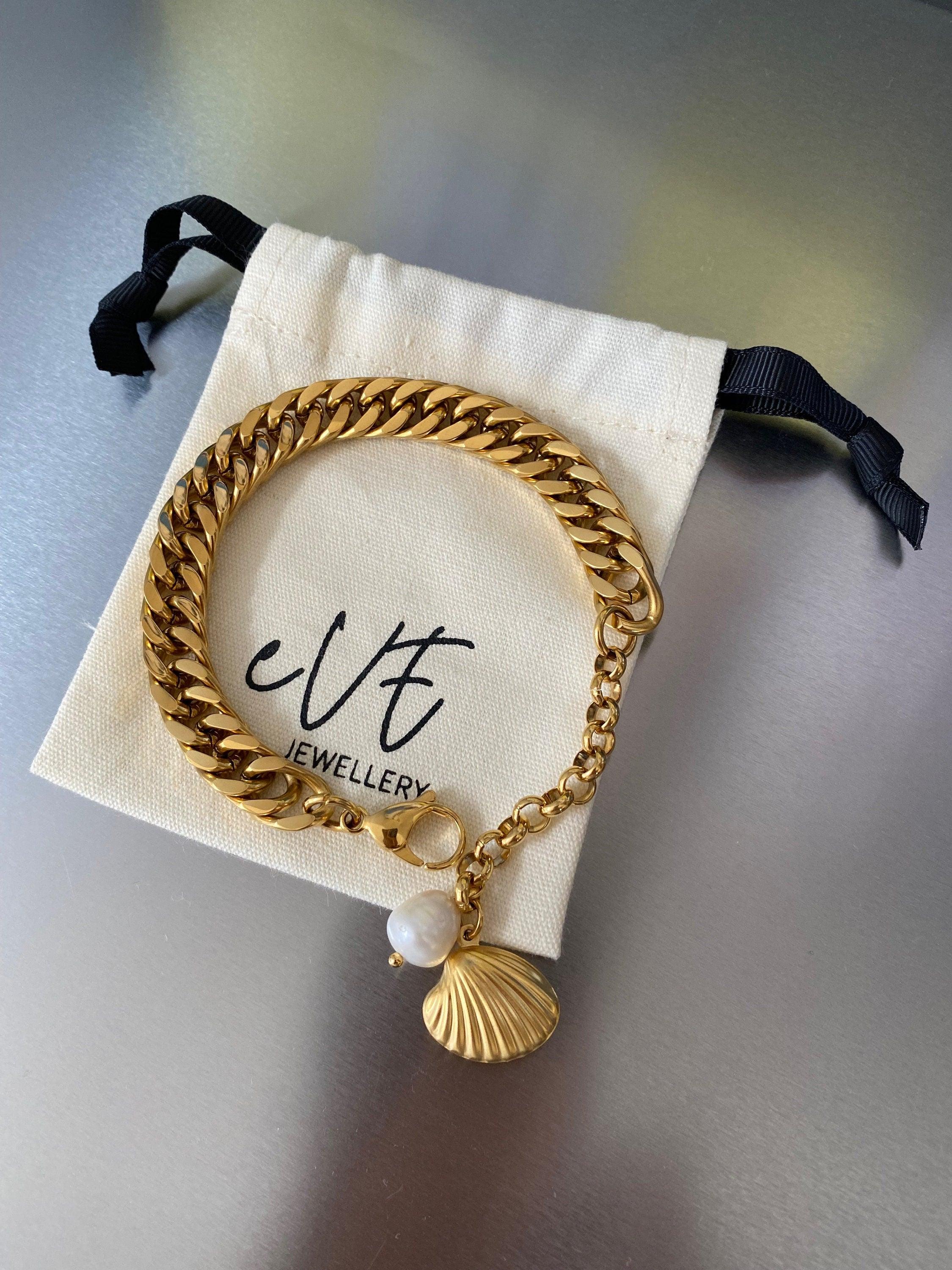 Chunky Cuban Bracelet with Freshwater Pearl, Stainless Steel, 18k Gold, Minimalist Style, Thick Link Clam Shell