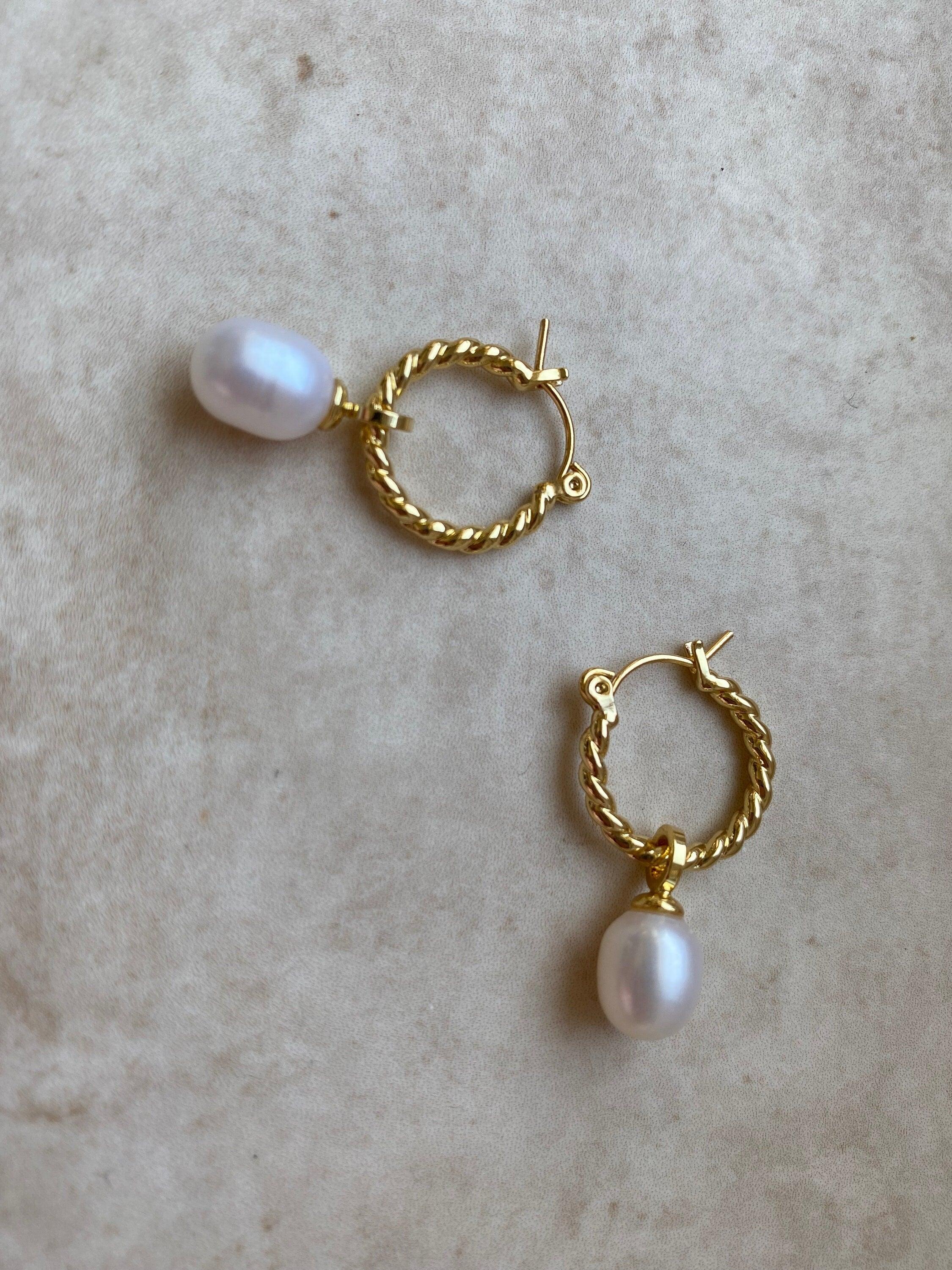 Mini Twisted Helical Pearl Earrings, Natural Freshwater Pearl Hoop Earrings For Her, Two styles in one Earrings. 18K Gold