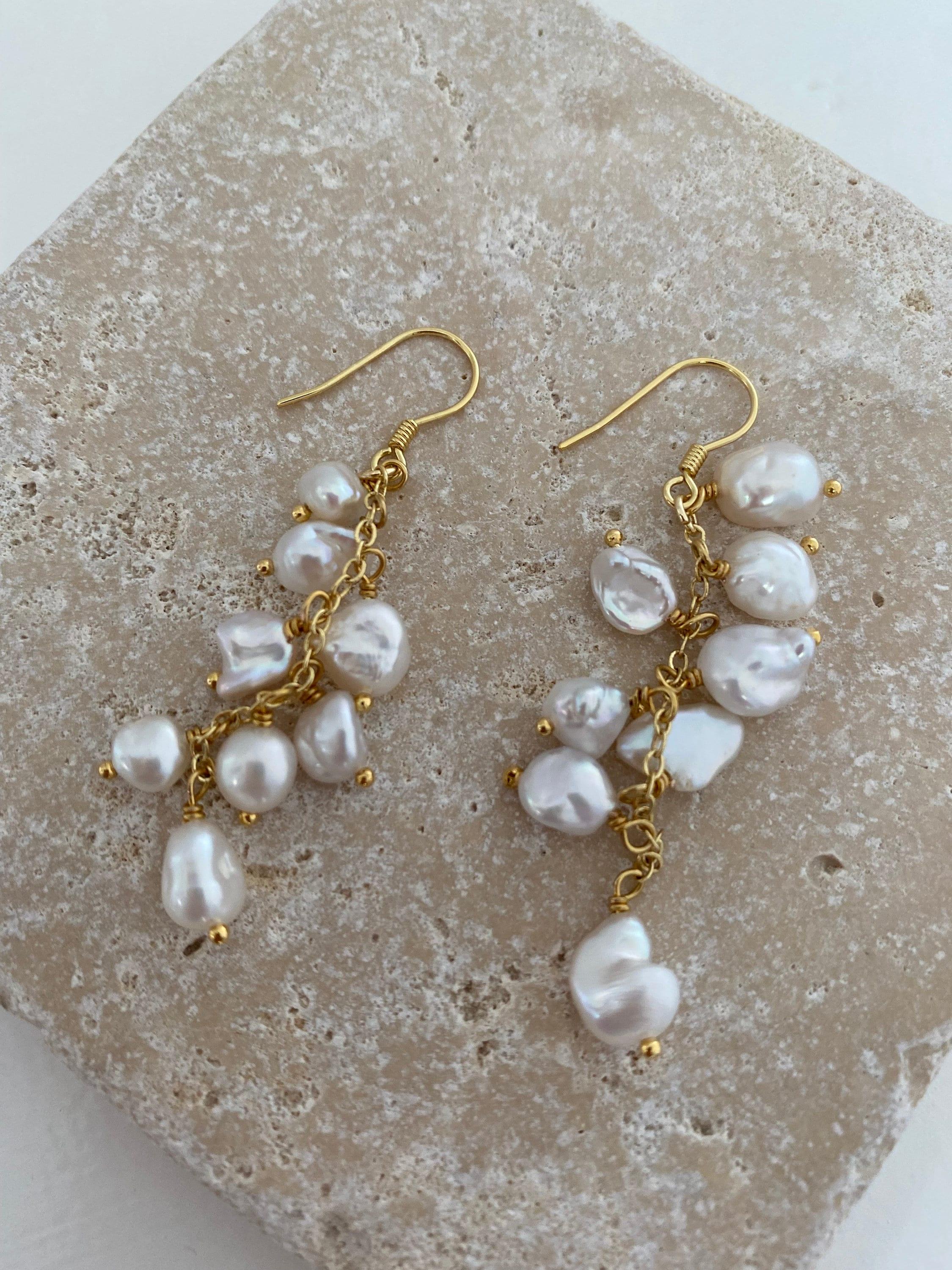 High Luster Keshi Pearl Tassel Earrings, Genuine Cornflakes Pearl Drop Earrings, Delicate for Her, Keshi Pearl Hoop Earrings 18K Gold Solid.