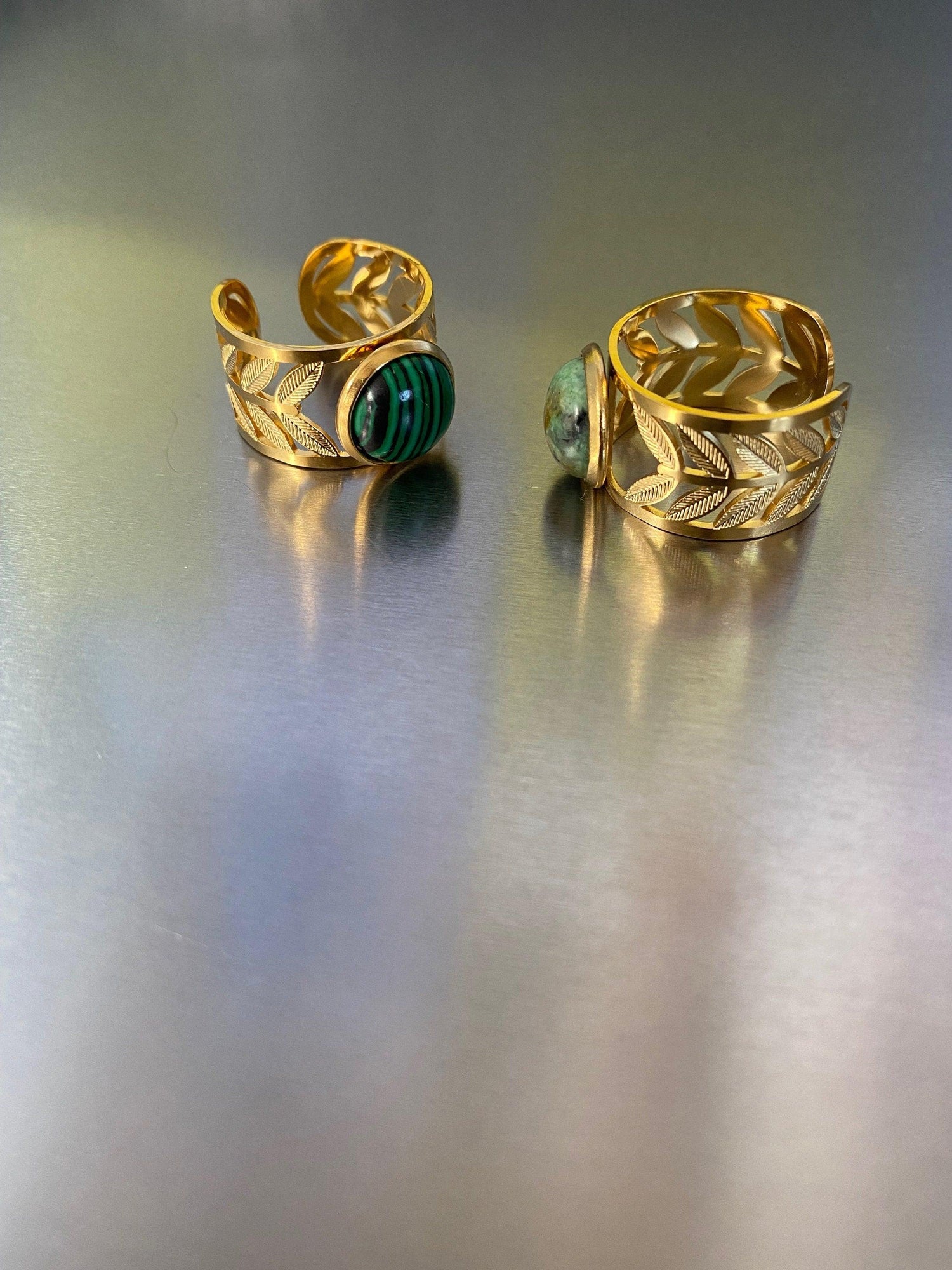 Rare Design Dome Round Turquoise Hollowed Leaf Rings for Her in 14k Gold
