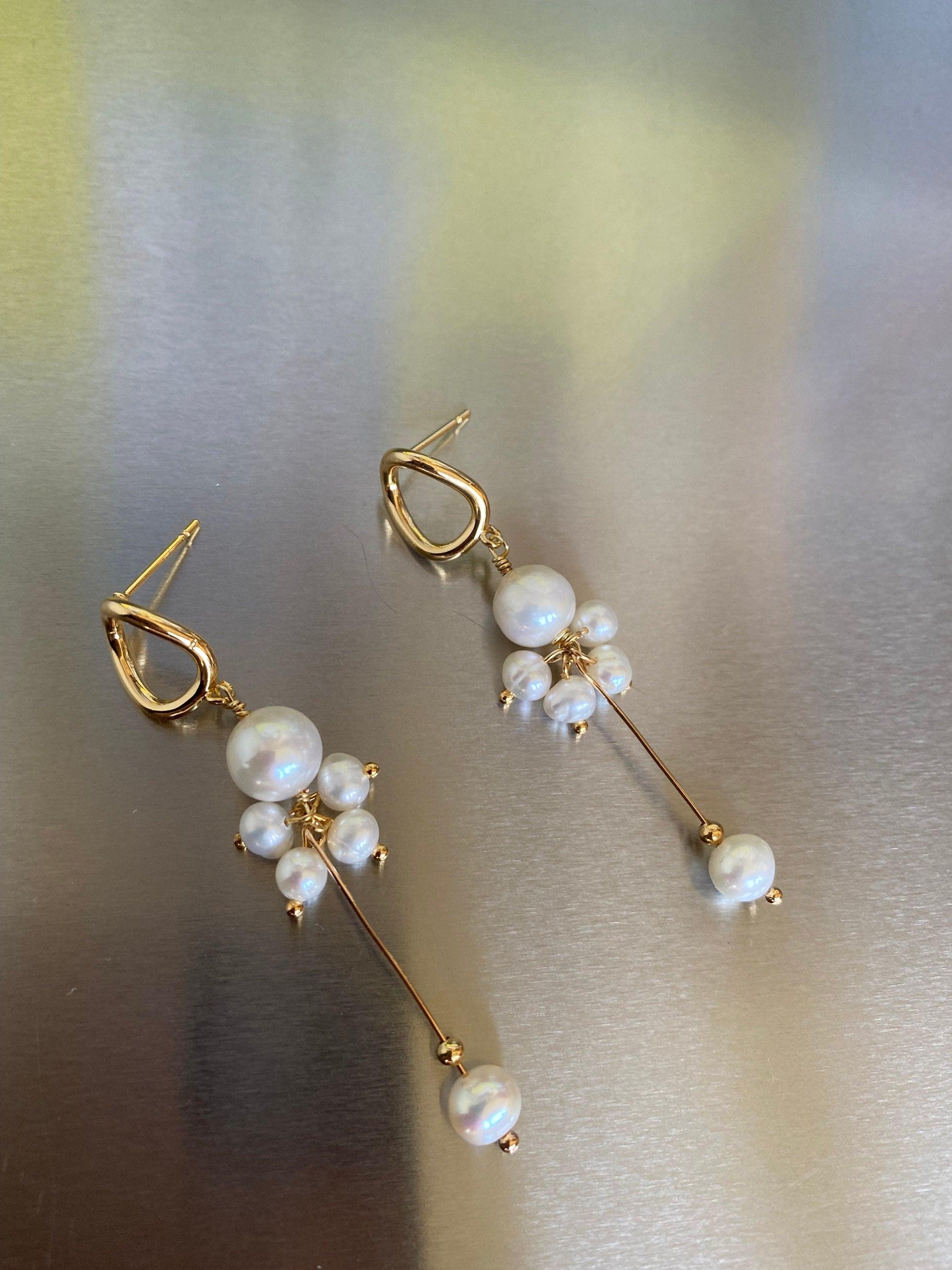 Elegant Long Tassel Style Hoop Earrings, Genuine Freshwater Pearl Drop Earrings, Delicate for Her, 14K Gold Solid. 925 Sterling Silver