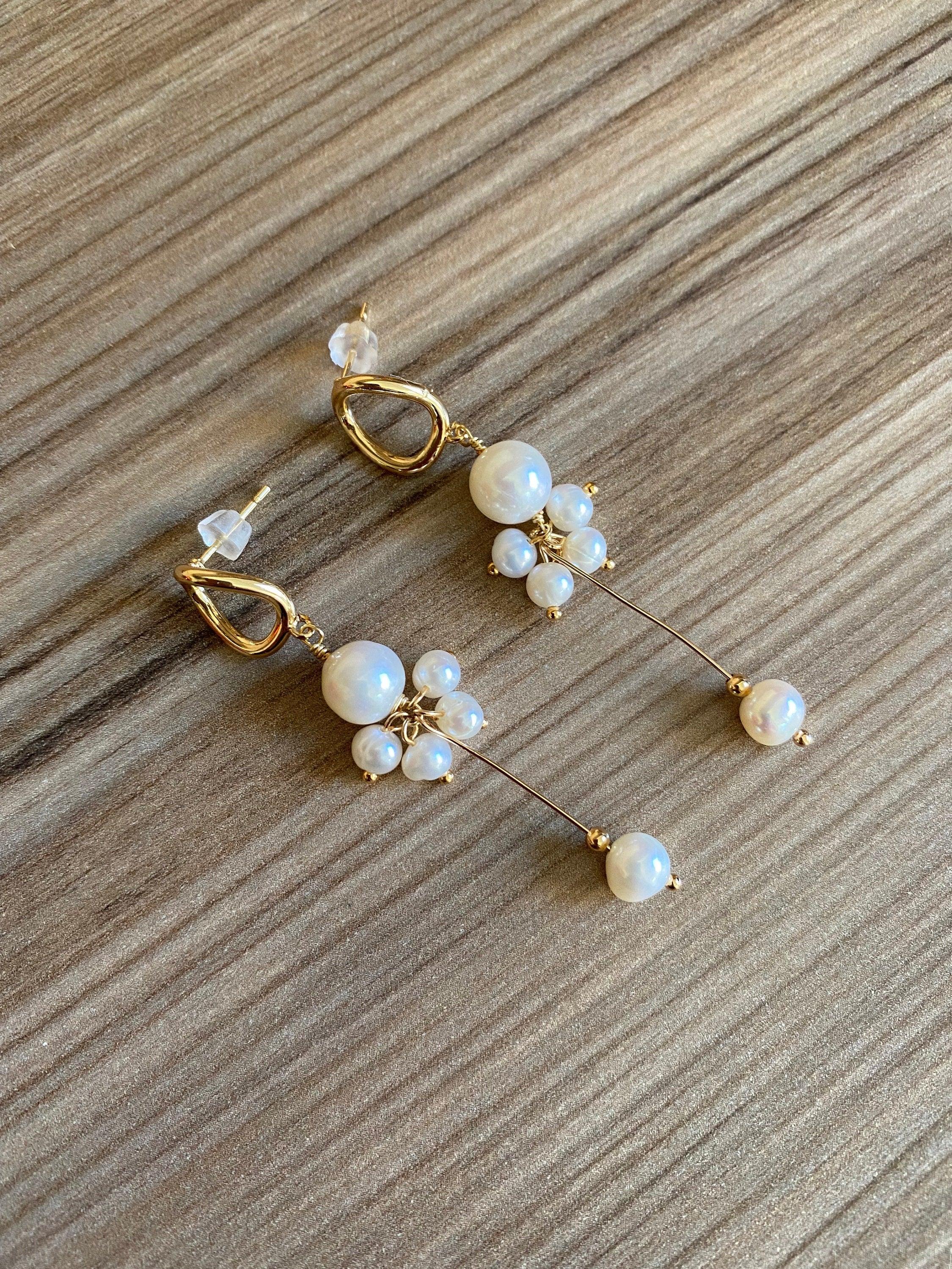 Elegant Long Tassel Style Hoop Earrings, Genuine Freshwater Pearl Drop Earrings, Delicate for Her, 14K Gold Solid. 925 Sterling Silver