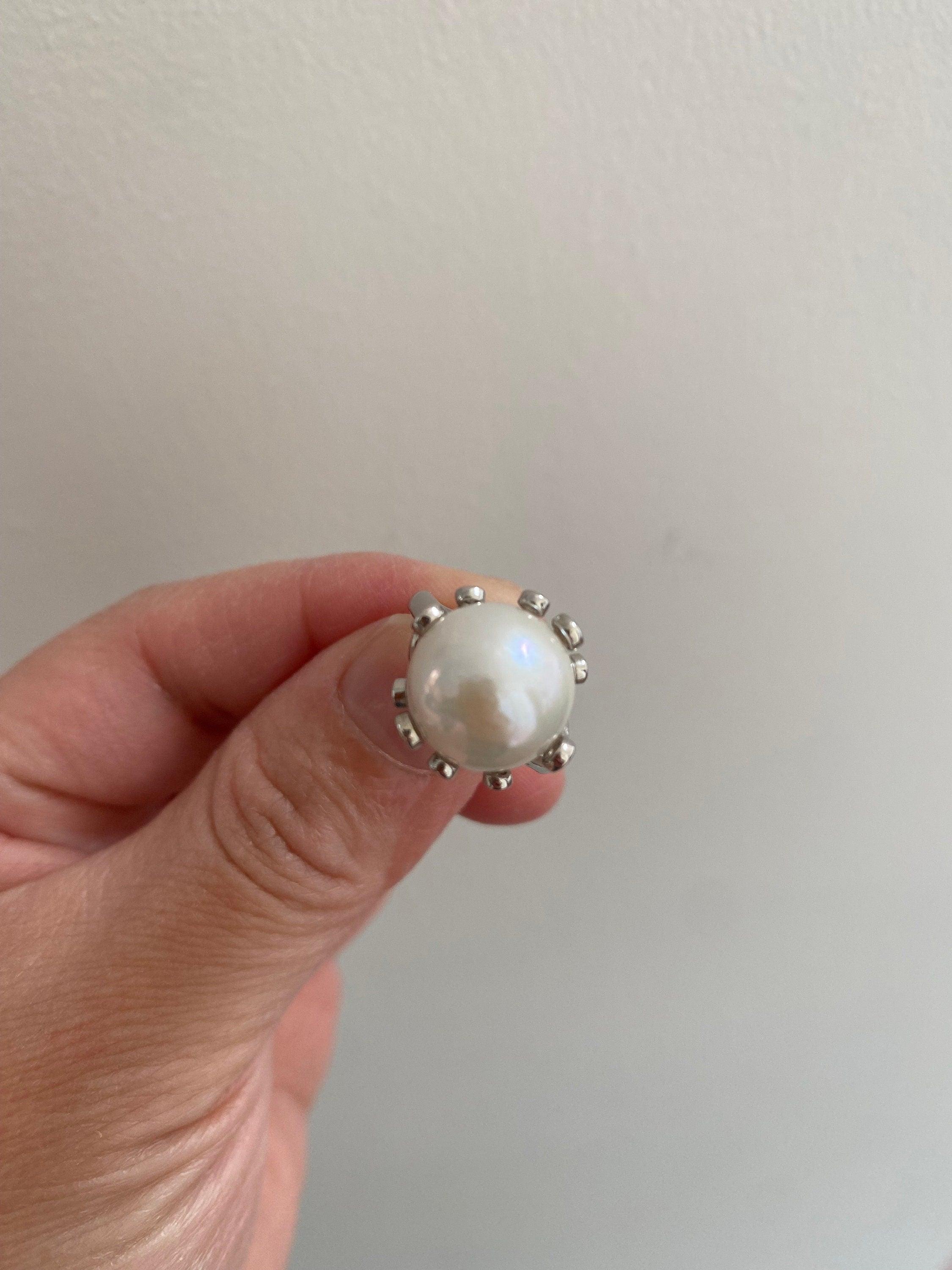 12mm Freshwater Giant Pearl Adjusted Statement Ring in Twisted Zircon Claws