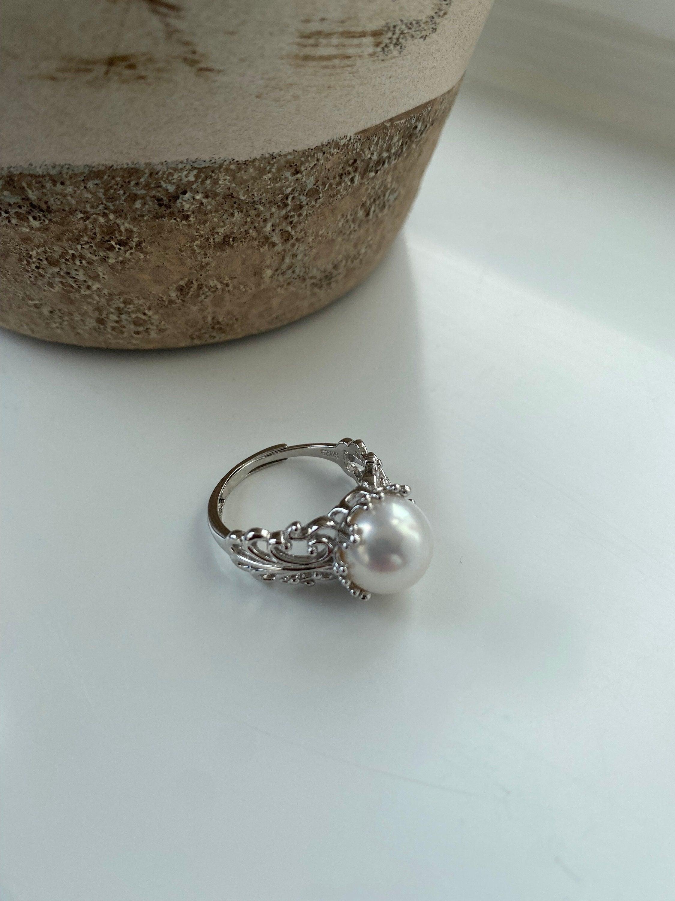 Retro Style Freshwater Pearl Statement Ring, Unique Staking Styles Cocktail Ring, Delicate Large Pearl Ring, S925 Sterling Silver Rare Piece