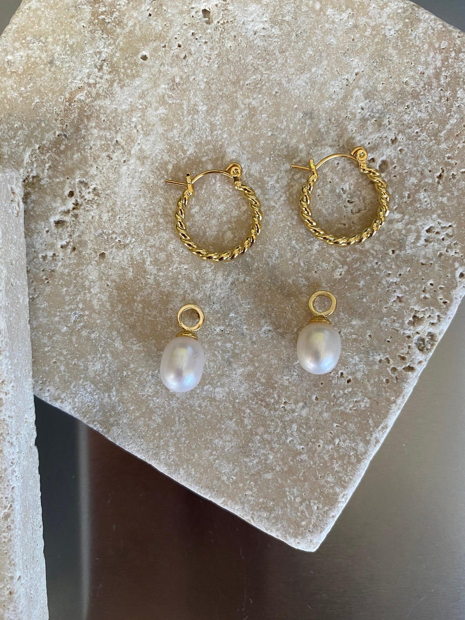 Mini Twisted Helical Pearl Earrings, Natural Freshwater Pearl Hoop Earrings For Her, Two styles in one Earrings. 18K Gold