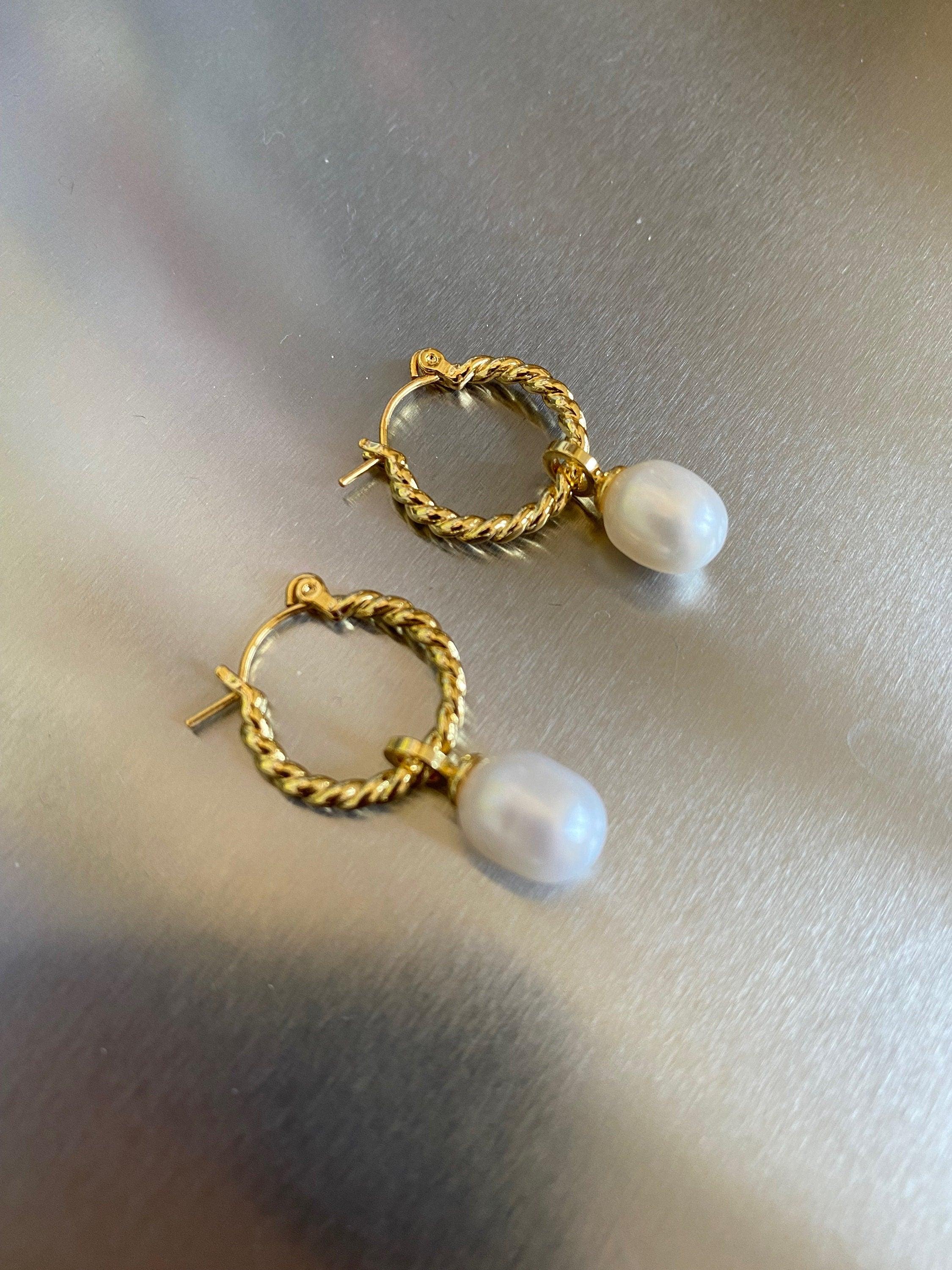 Mini Twisted Helical Pearl Earrings, Natural Freshwater Pearl Hoop Earrings For Her, Two styles in one Earrings. 18K Gold