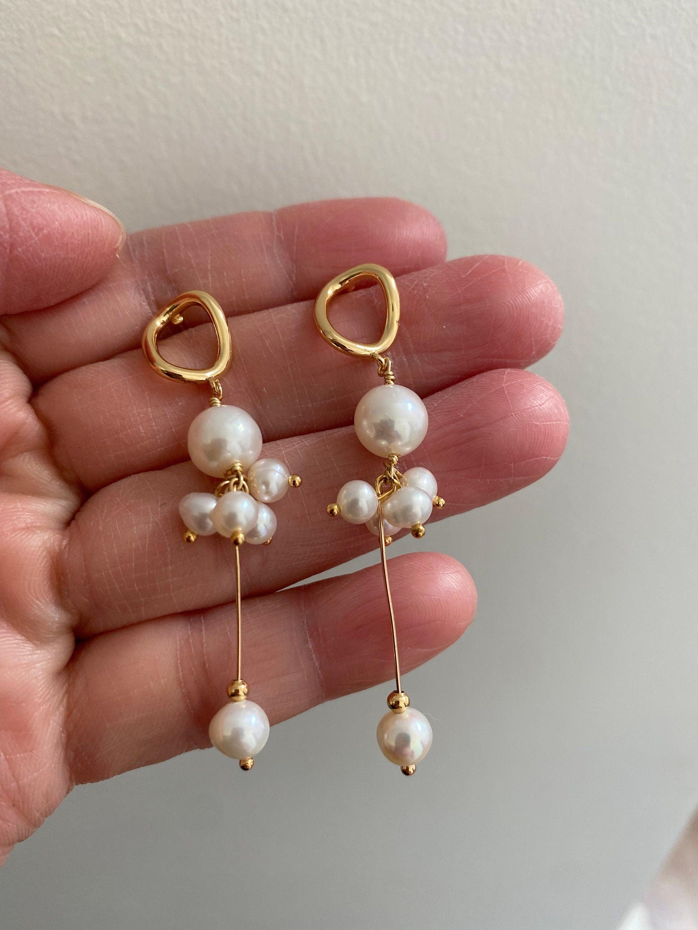 Elegant Long Tassel Style Hoop Earrings, Genuine Freshwater Pearl Drop Earrings, Delicate for Her, 14K Gold Solid. 925 Sterling Silver