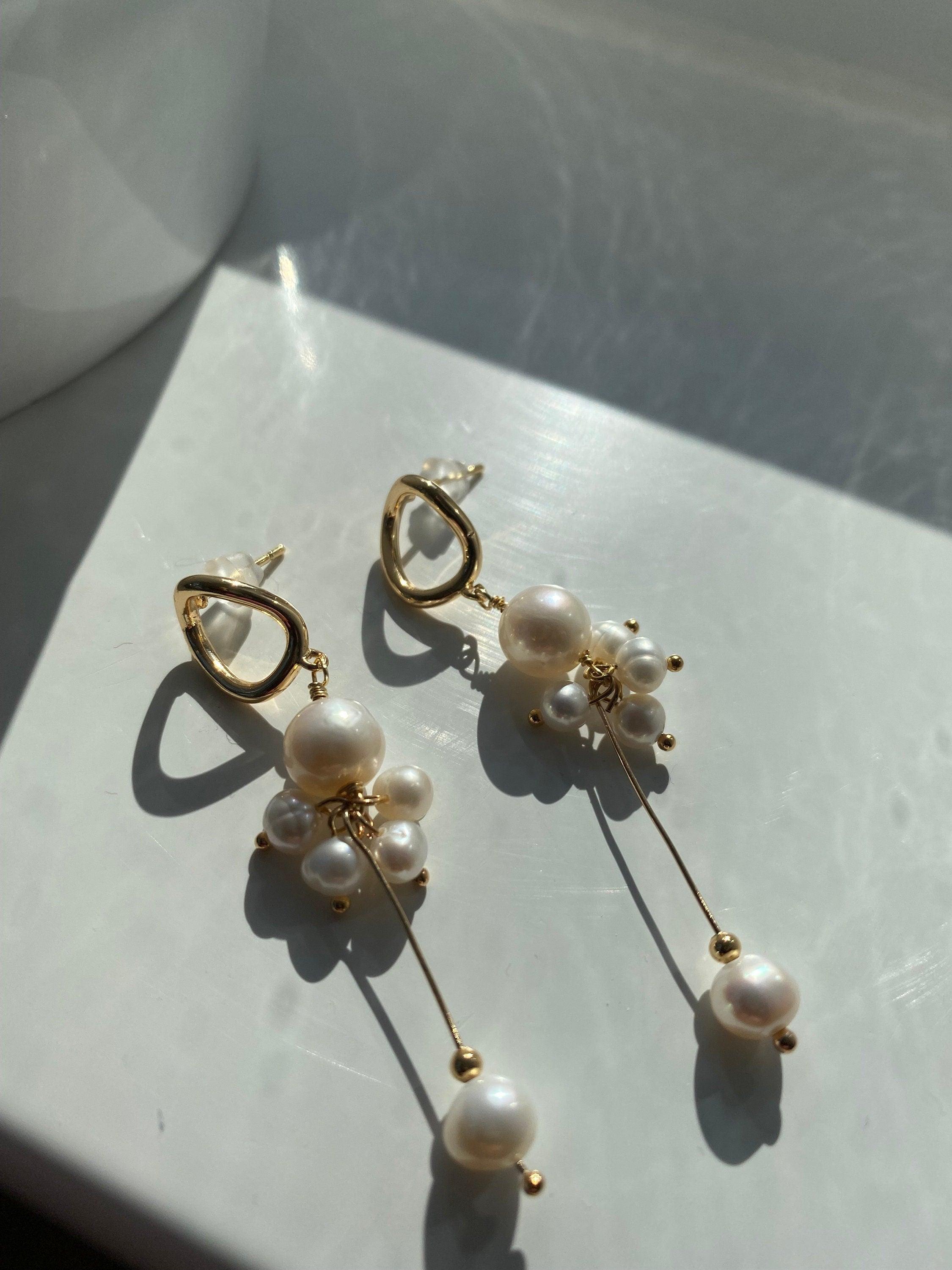 Elegant Long Tassel Style Hoop Earrings, Genuine Freshwater Pearl Drop Earrings, Delicate for Her, 14K Gold Solid. 925 Sterling Silver