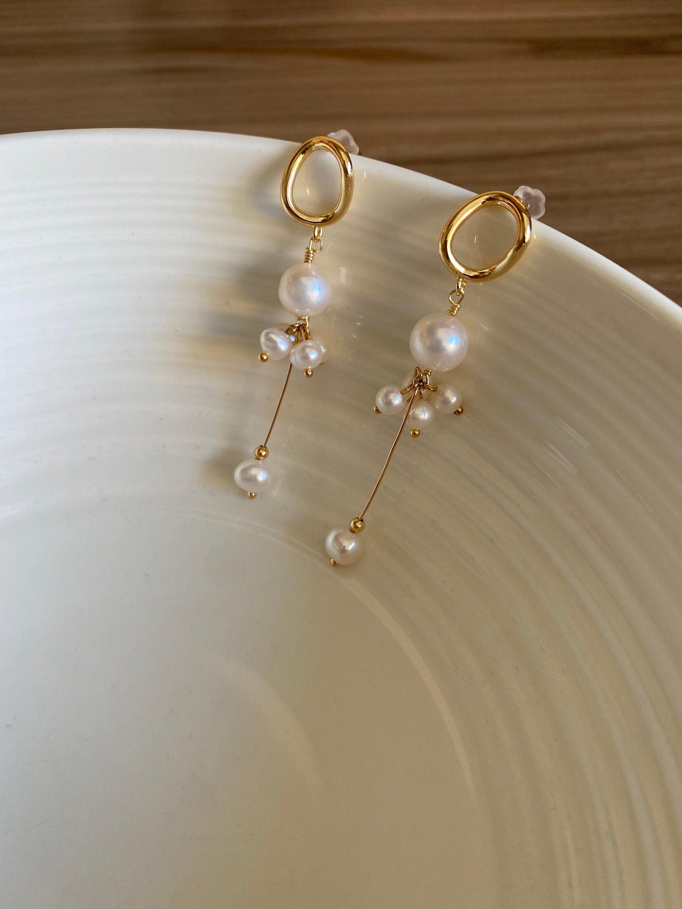 Elegant Long Tassel Style Hoop Earrings, Genuine Freshwater Pearl Drop Earrings, Delicate for Her, 14K Gold Solid. 925 Sterling Silver