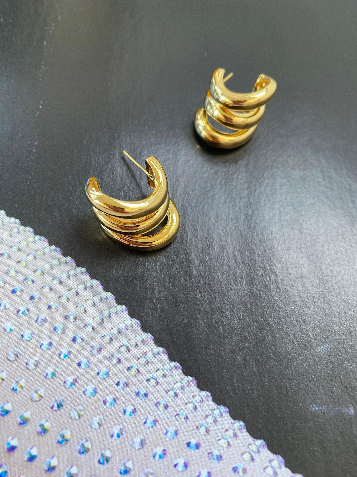 Chunky Triple Layered Hoop Earrings S925 Sterling Silver Needle Statement Huggies for Women