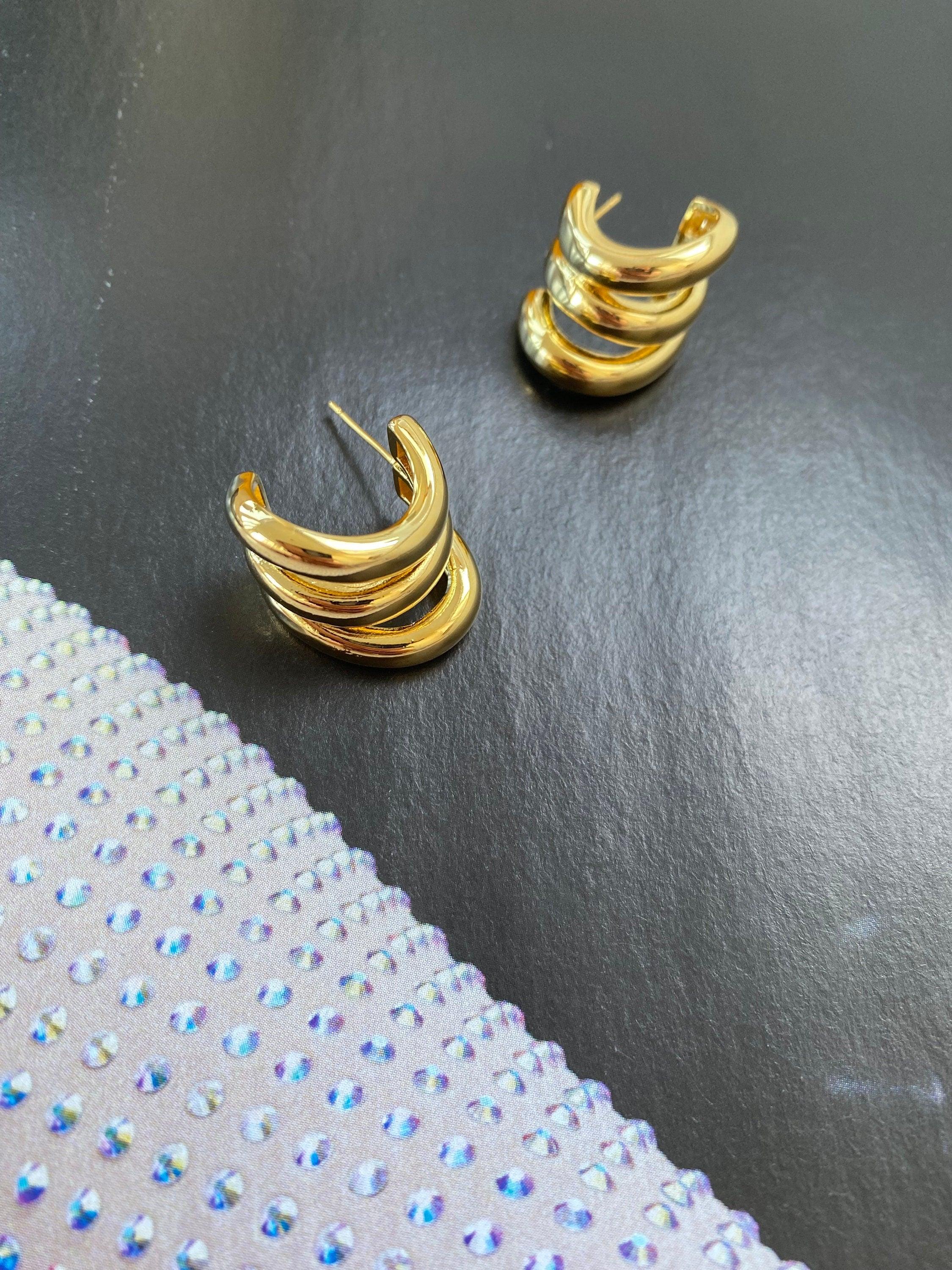 Chunky Triple Layered Hoop Earrings S925 Sterling Silver Needle Statement Huggies for Women