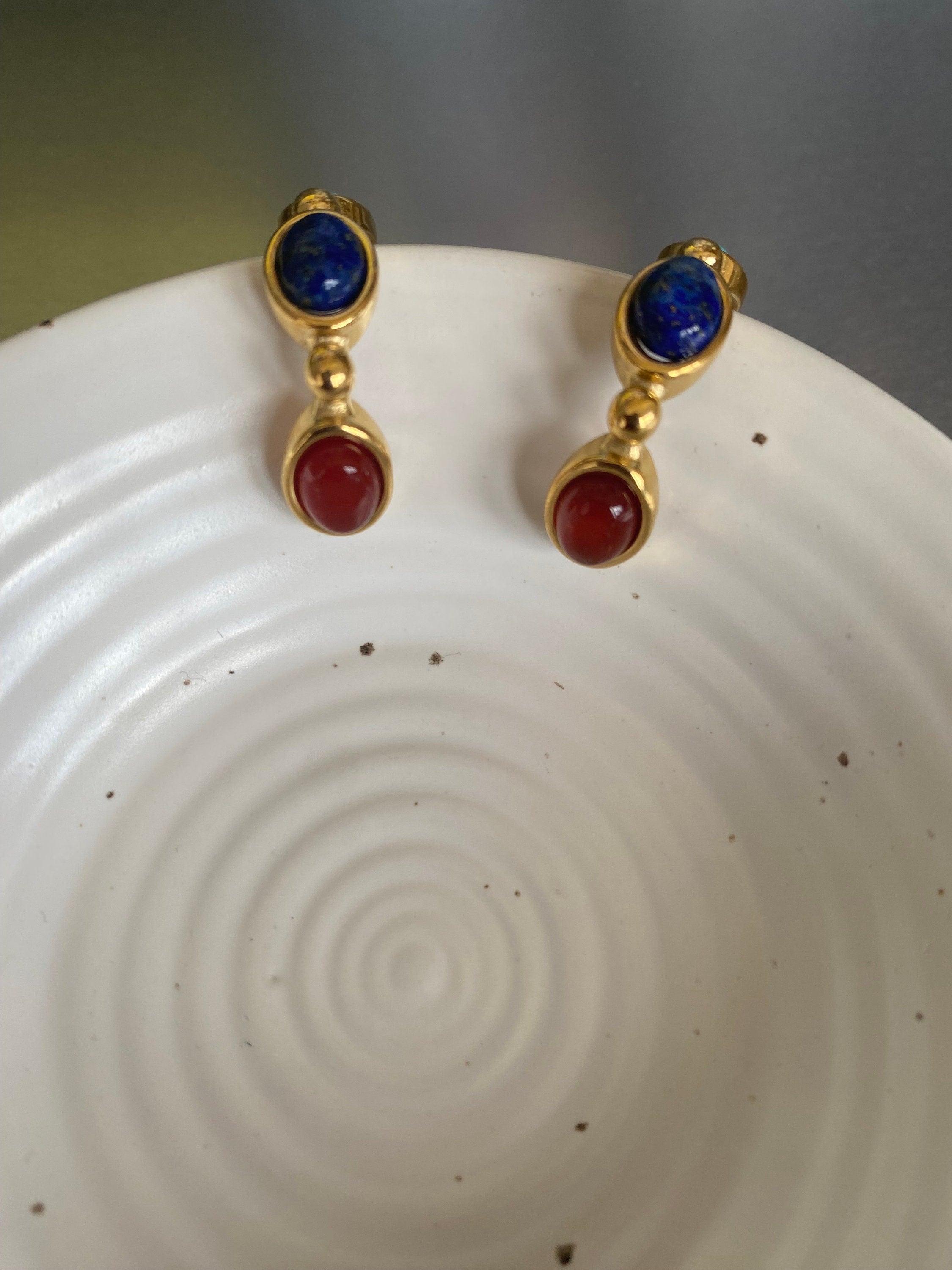 Colourful Lapis Stone Hoop Earrings, Natural Lapis Stone Earrings for Women, Vintage Look Style Earrings, 18k Gold Perfect for Summer