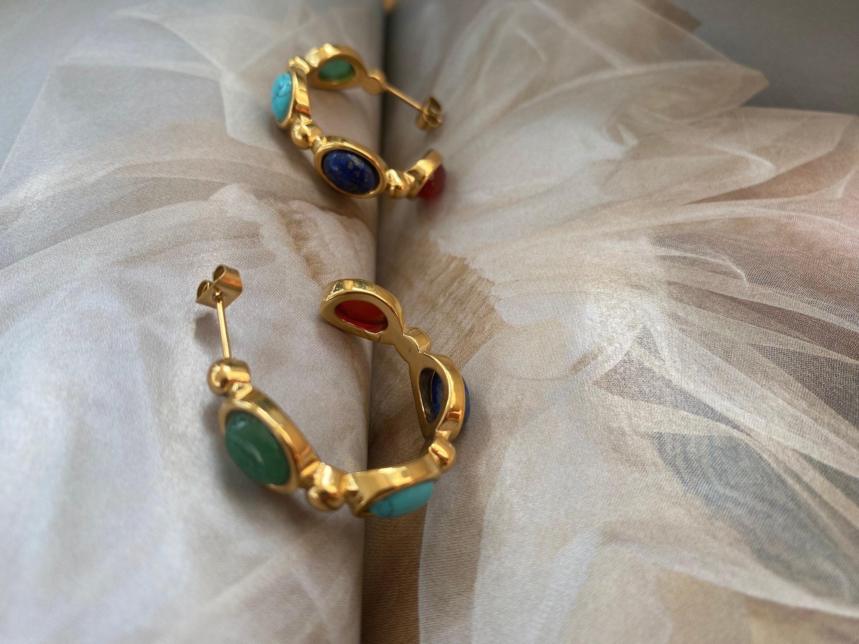 Colourful Lapis Stone Hoop Earrings, Natural Lapis Stone Earrings for Women, Vintage Look Style Earrings, 18k Gold Perfect for Summer