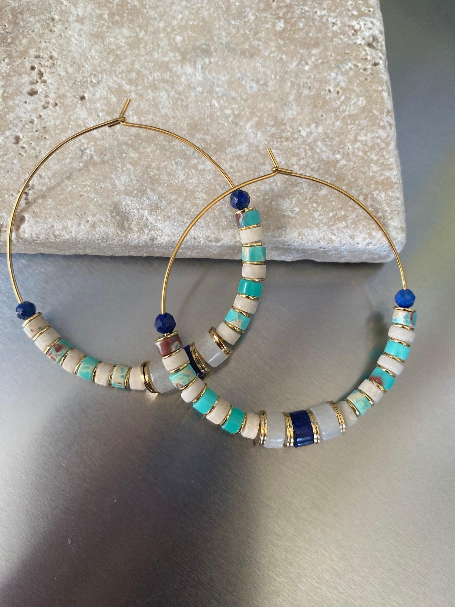 18k Gold Hoop Earrings with Pink Rose Quartz and Turquoise Gemstones for Her