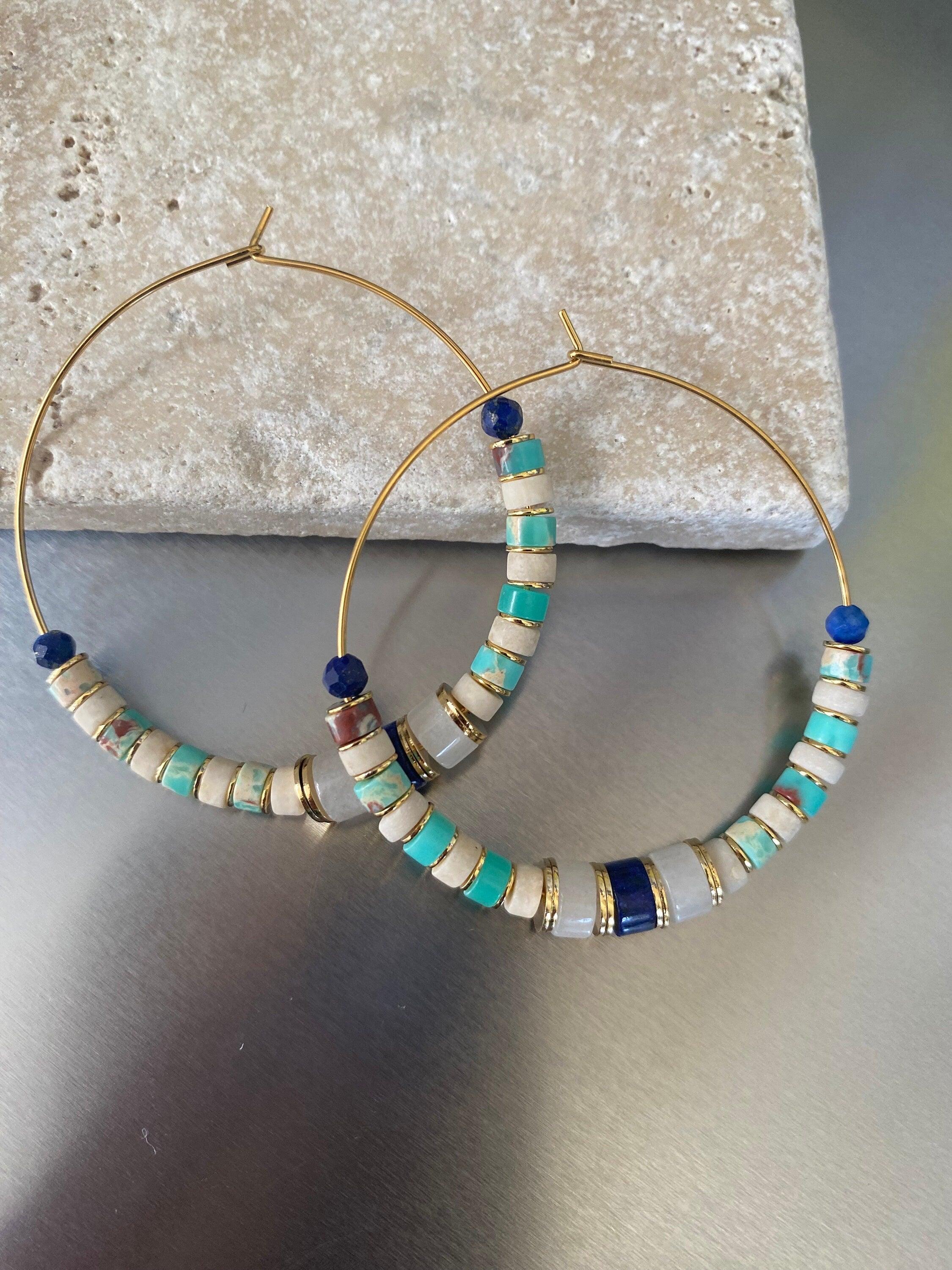 18k Gold Hoop Earrings with Pink Rose Quartz and Turquoise Gemstones for Her