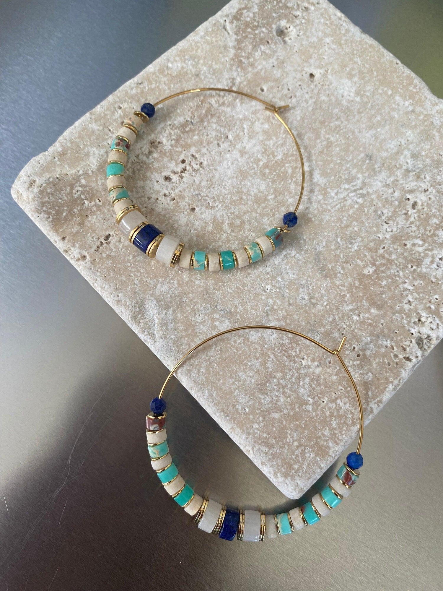 18k Gold Hoop Earrings with Pink Rose Quartz and Turquoise Gemstones for Her