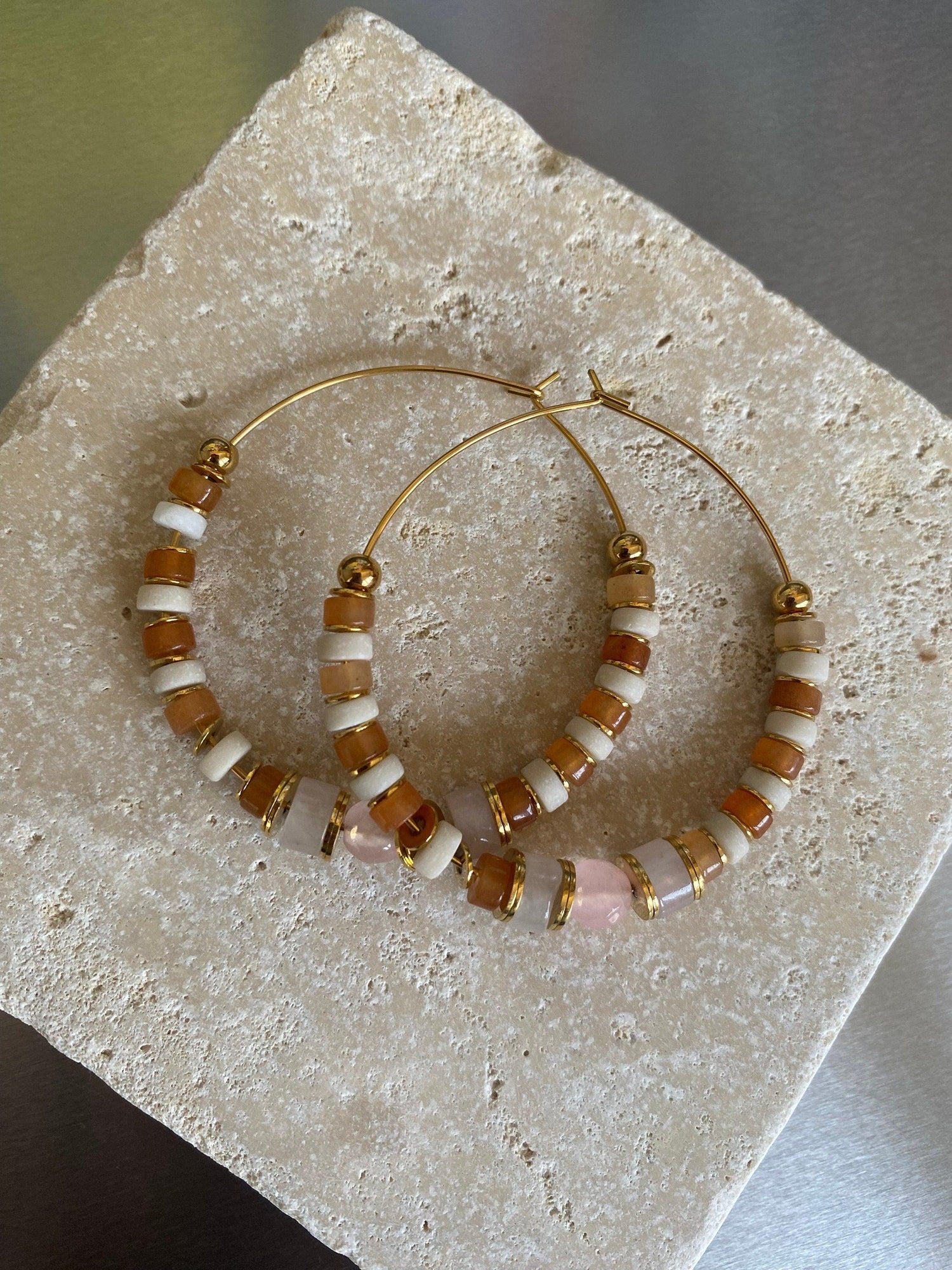 18k Gold Hoop Earrings with Pink Rose Quartz and Turquoise Gemstones for Her
