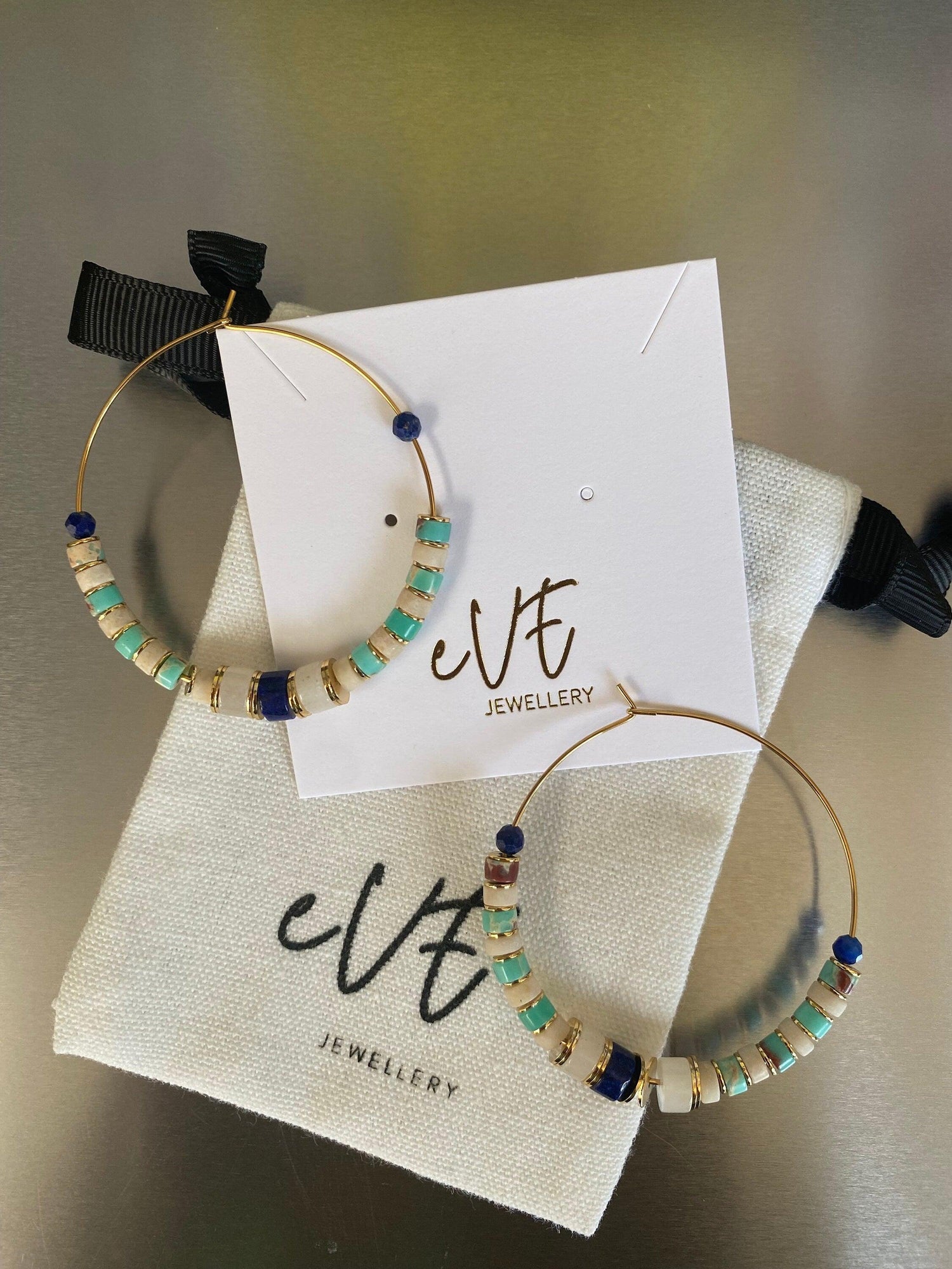 18k Gold Hoop Earrings with Pink Rose Quartz and Turquoise Gemstones for Her
