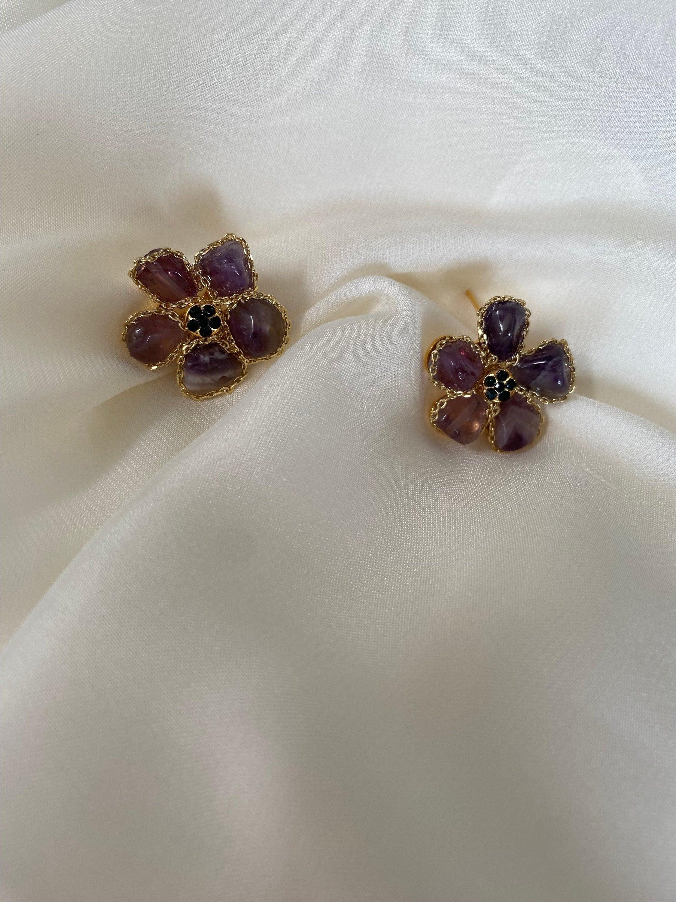 Flower Purple Amethyst Crystal Earring, Chain Charm Statement Earring, Flower Shape Earring, Raw Stone Earring for Her, Lucky Stone Earring