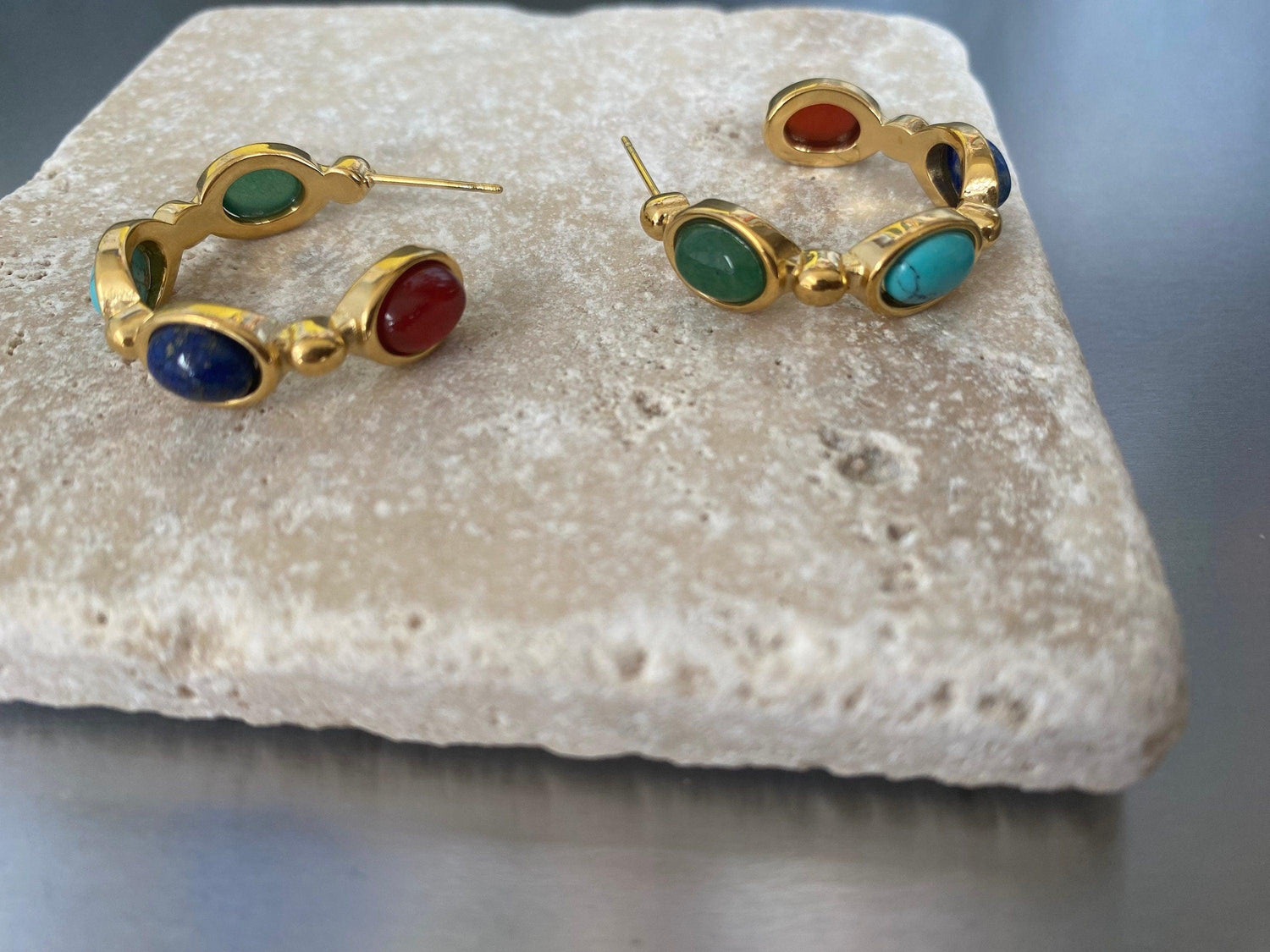 Colourful Lapis Stone Hoop Earrings, Natural Lapis Stone Earrings for Women, Vintage Look Style Earrings, 18k Gold Perfect for Summer