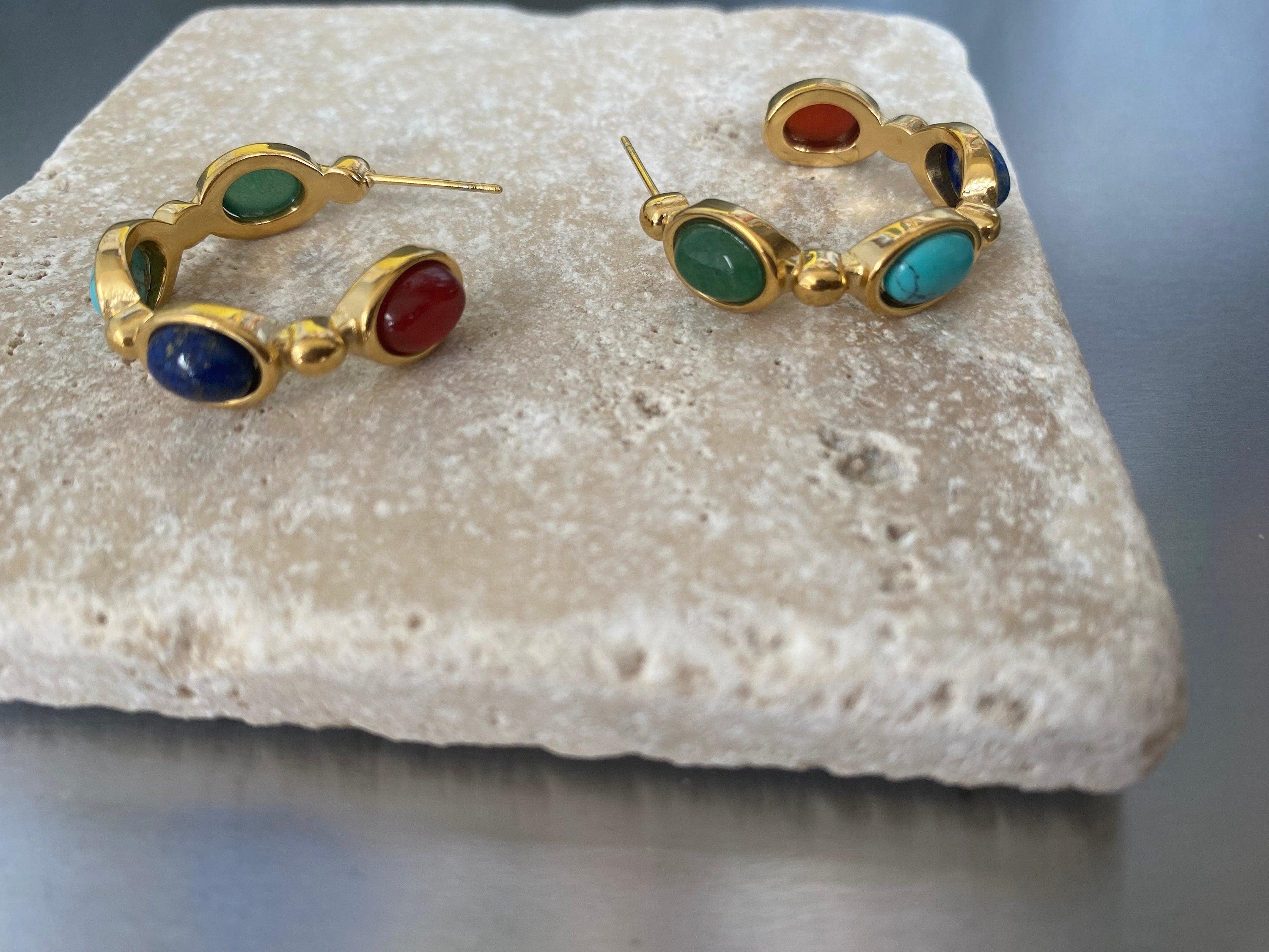 Colourful Lapis Stone Hoop Earrings, Natural Lapis Stone Earrings for Women, Vintage Look Style Earrings, 18k Gold Perfect for Summer