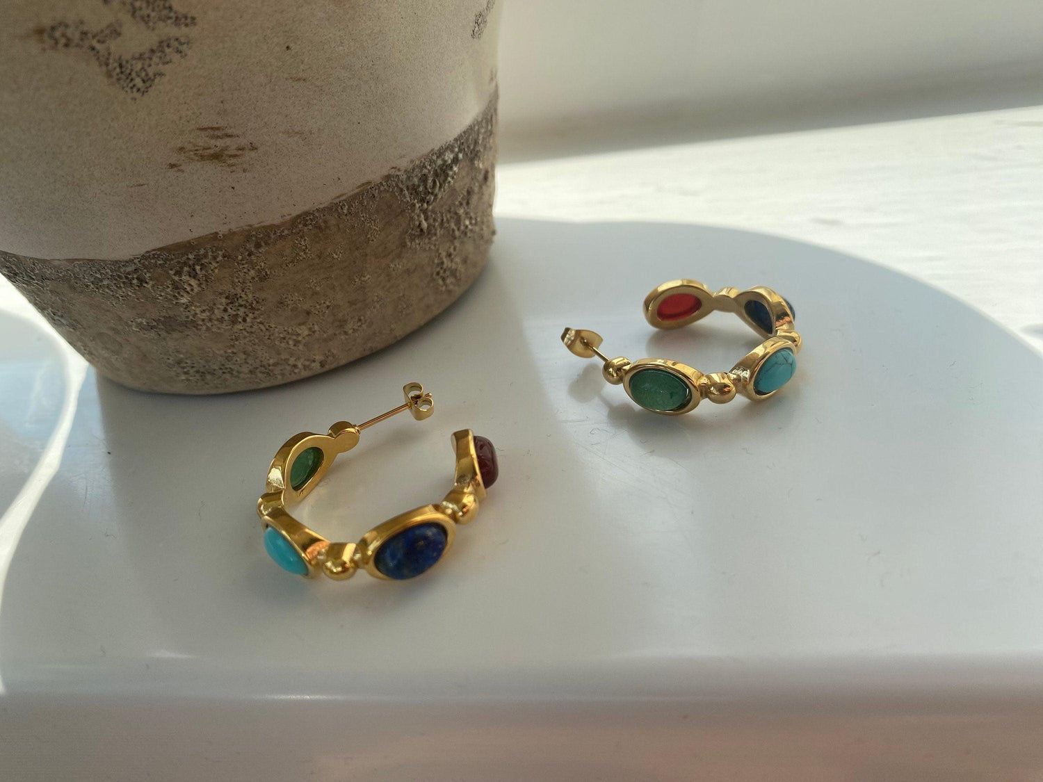 Colourful Lapis Stone Hoop Earrings, Natural Lapis Stone Earrings for Women, Vintage Look Style Earrings, 18k Gold Perfect for Summer