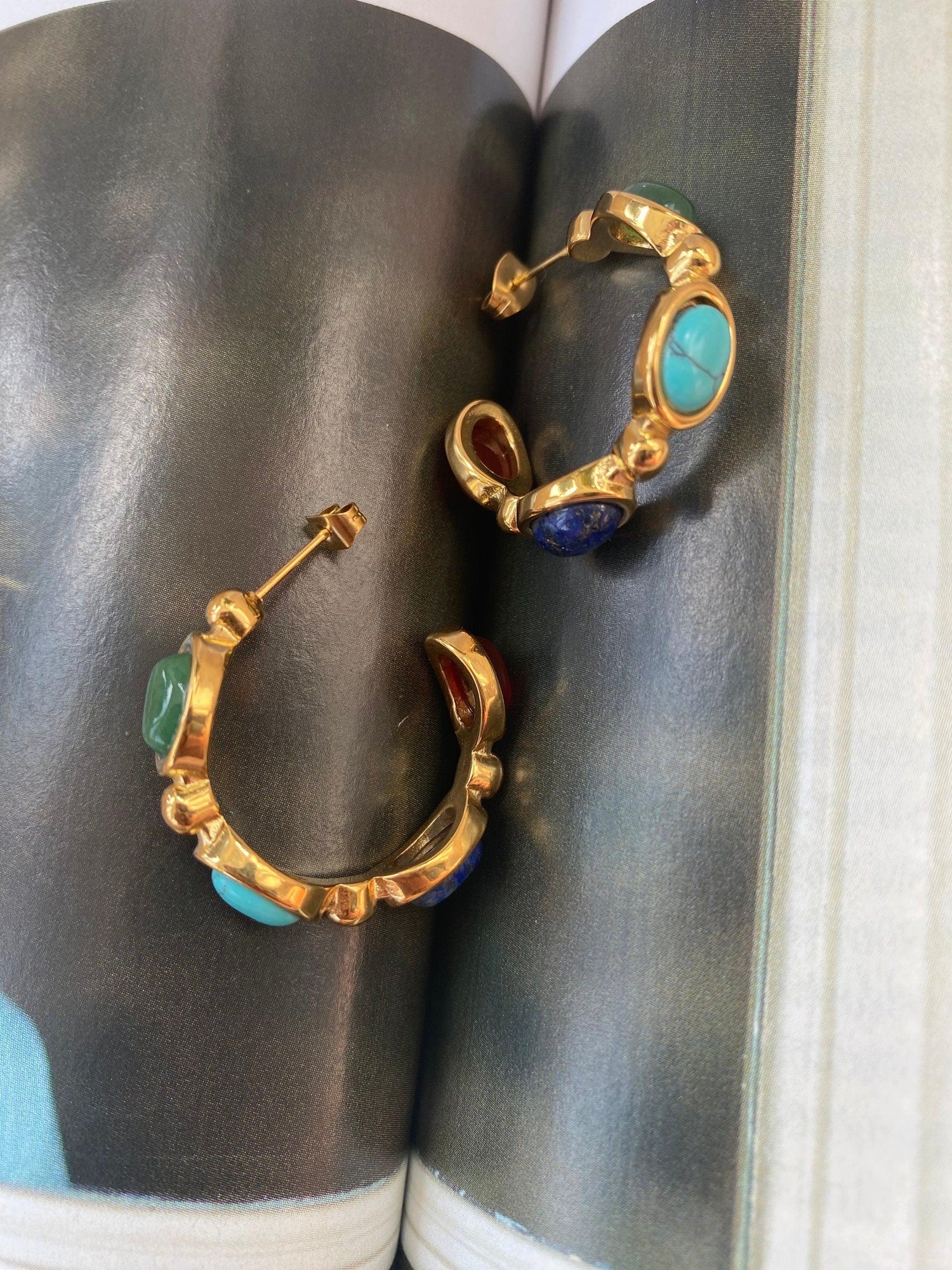 Colourful Lapis Stone Hoop Earrings, Natural Lapis Stone Earrings for Women, Vintage Look Style Earrings, 18k Gold Perfect for Summer