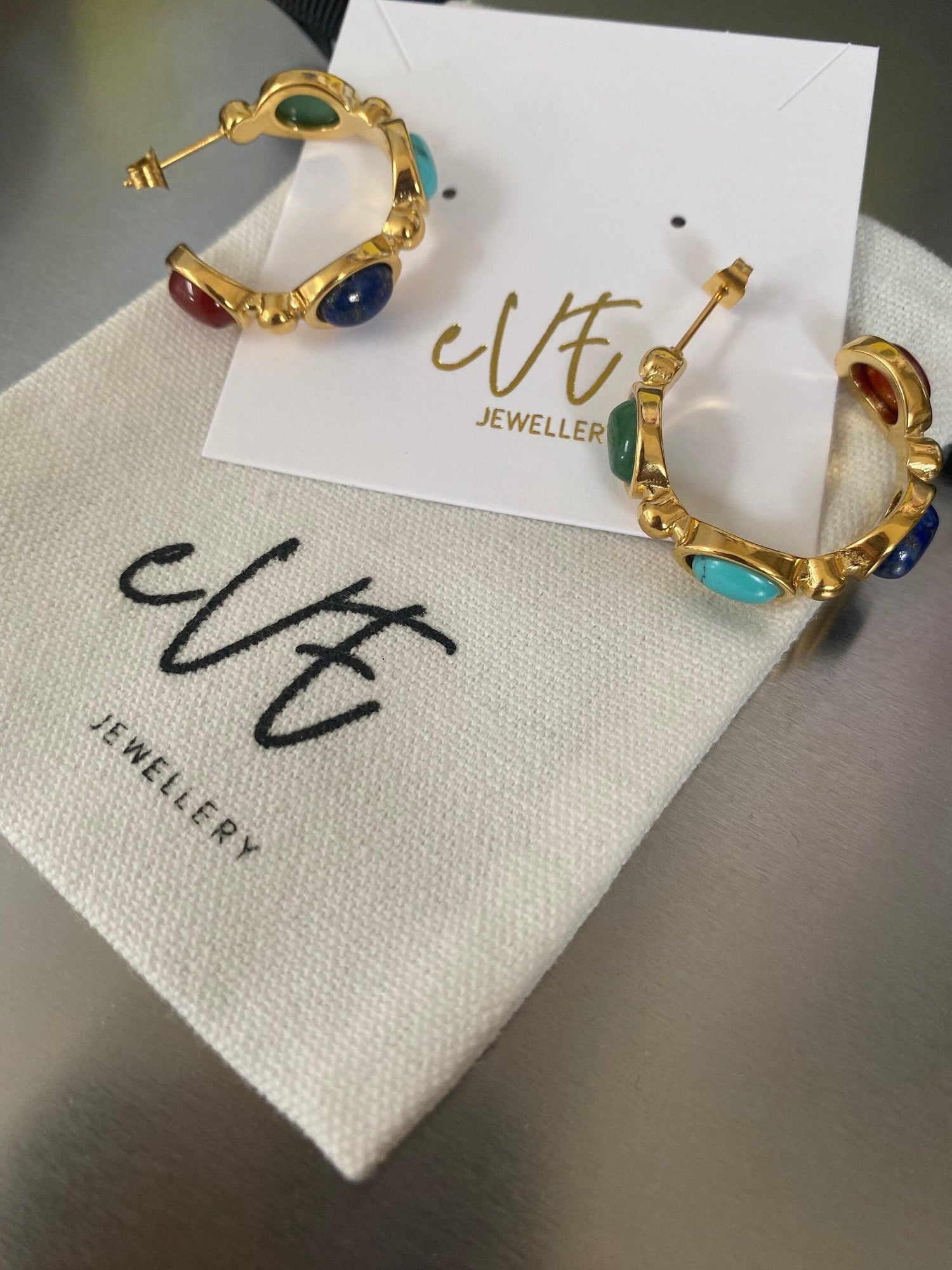 Colourful Lapis Stone Hoop Earrings, Natural Lapis Stone Earrings for Women, Vintage Look Style Earrings, 18k Gold Perfect for Summer