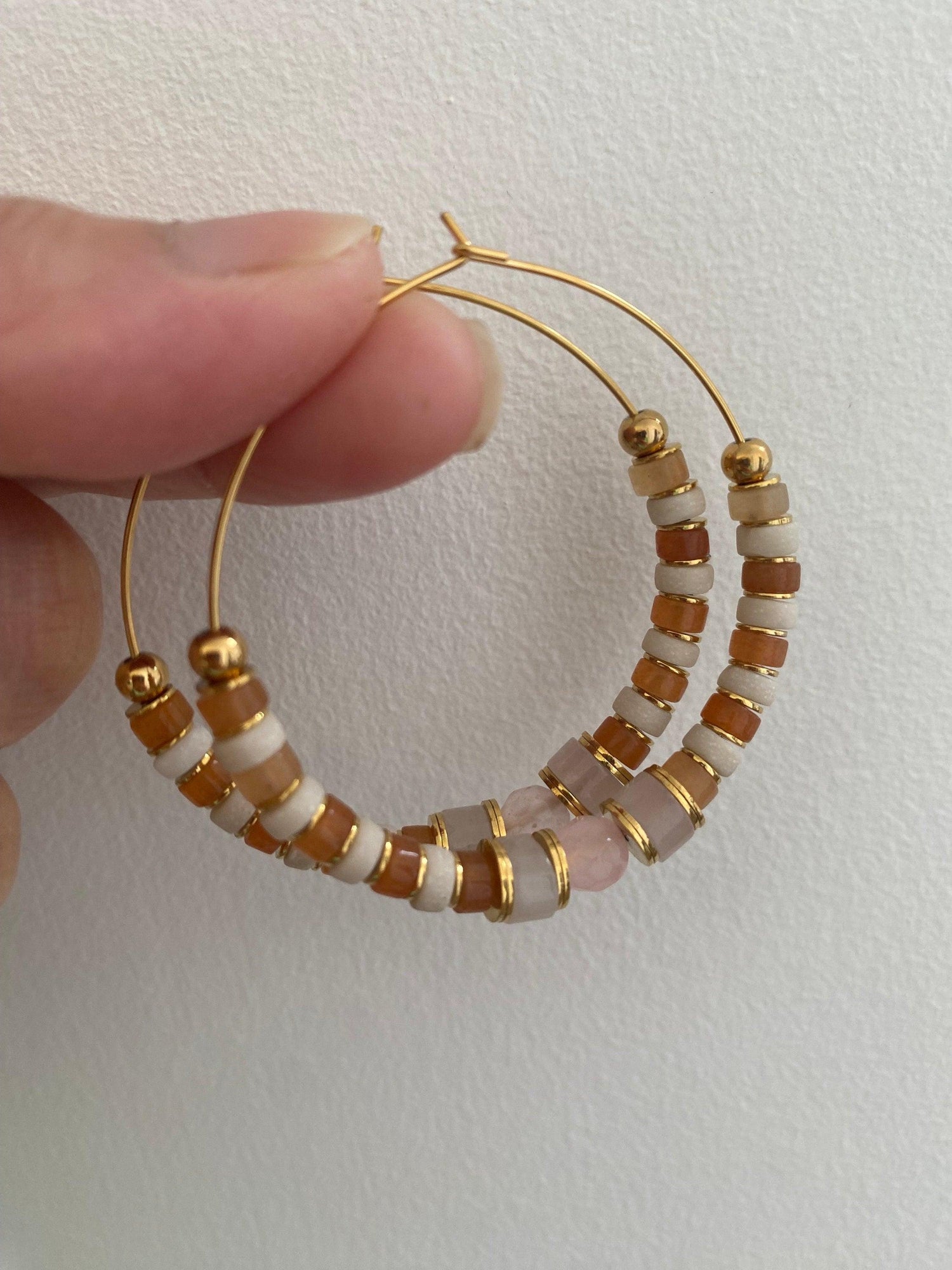 18k Gold Hoop Earrings with Pink Rose Quartz and Turquoise Gemstones for Her