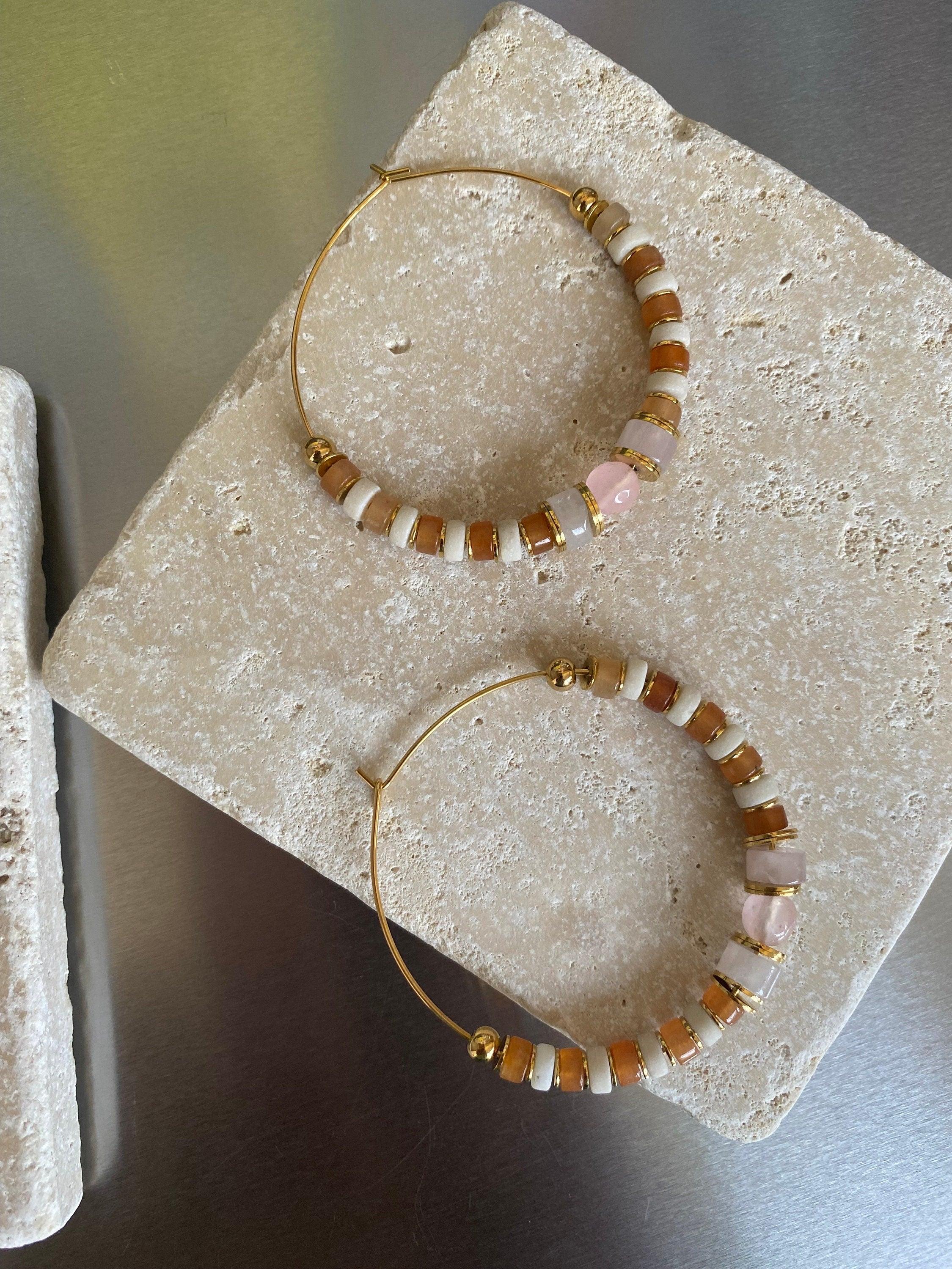 18k Gold Hoop Earrings with Pink Rose Quartz and Turquoise Gemstones for Her