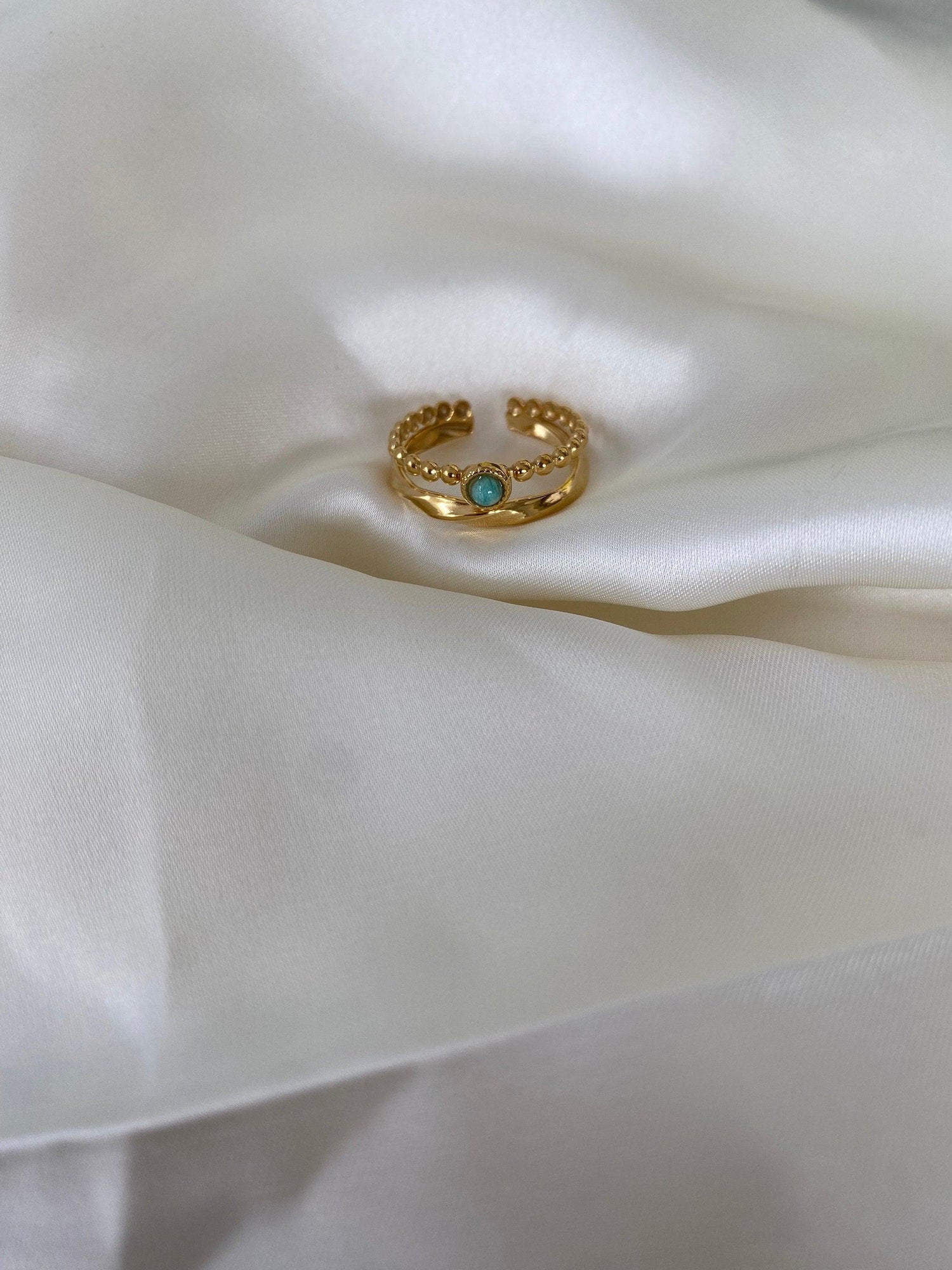 Blue Lapis Lazuli Ring, Double Layered Turquoise Ring, Multiple Layered Black Zircon Ring. Adjustable Semi Precious Stone Ring Lucky Stone