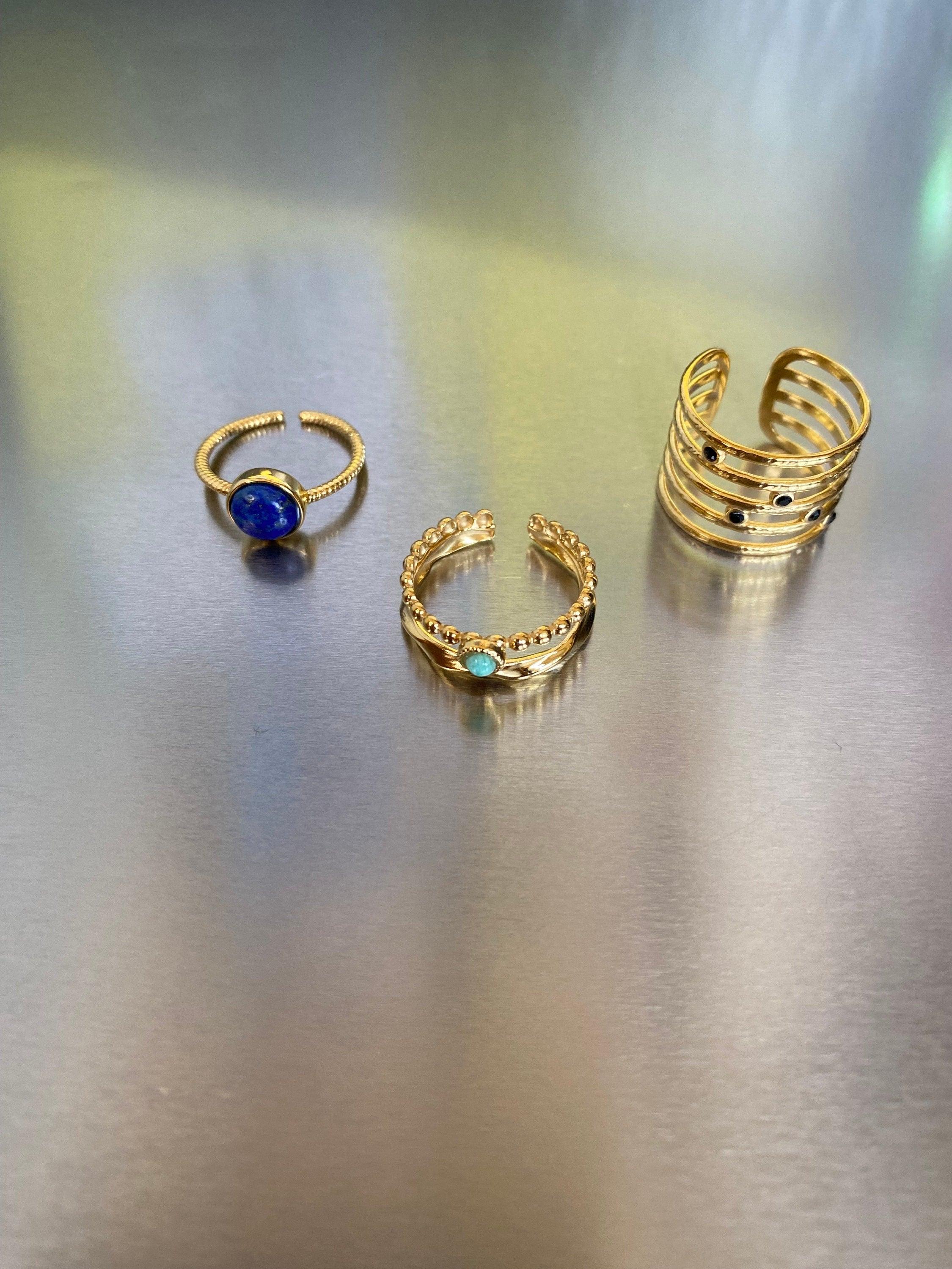 Blue Lapis Lazuli Ring, Double Layered Turquoise Ring, Multiple Layered Black Zircon Ring. Adjustable Semi Precious Stone Ring Lucky Stone