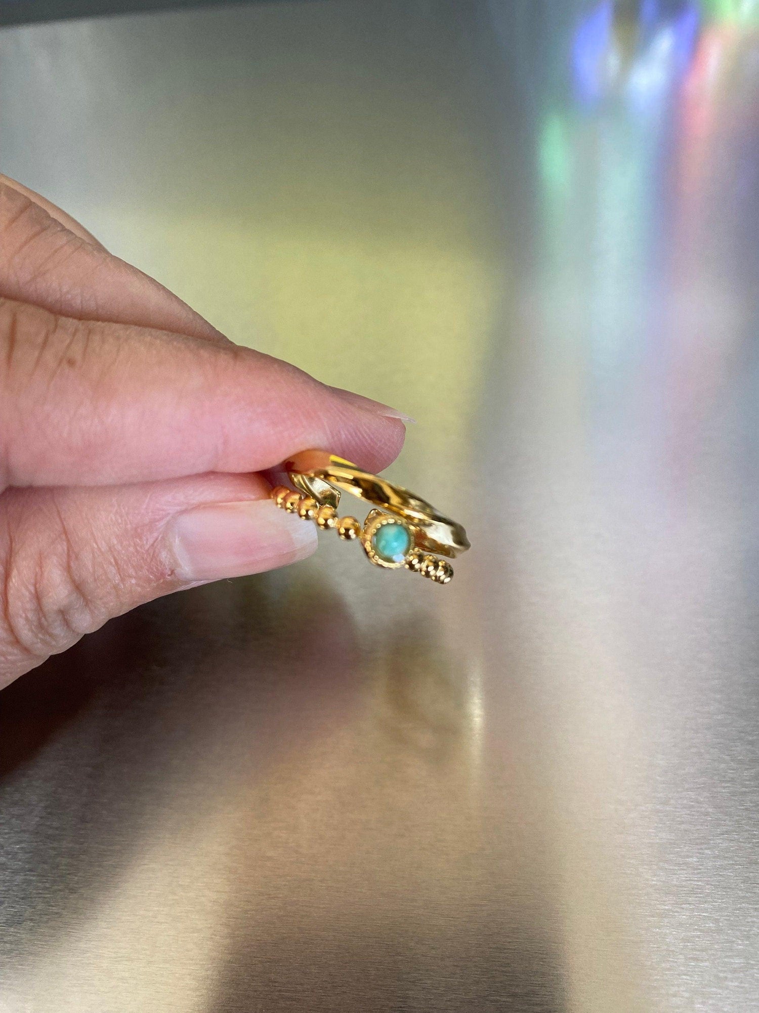 Blue Lapis Lazuli Ring, Double Layered Turquoise Ring, Multiple Layered Black Zircon Ring. Adjustable Semi Precious Stone Ring Lucky Stone