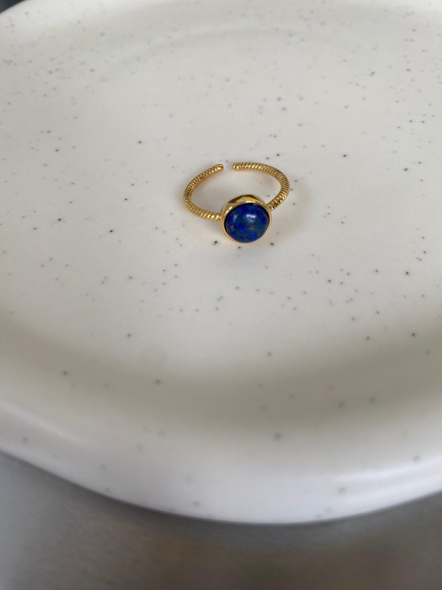 Blue Lapis Lazuli Ring, Double Layered Turquoise Ring, Multiple Layered Black Zircon Ring. Adjustable Semi Precious Stone Ring Lucky Stone